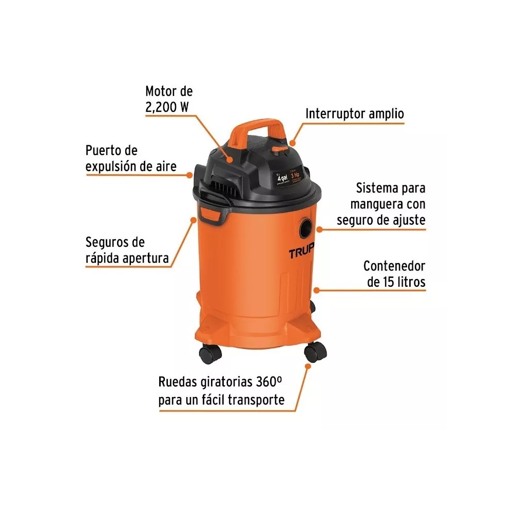 Foto 4 pulgar | Aspiradora Seco-Mojado Truper 127v 60hz 4 Galones color Naranja