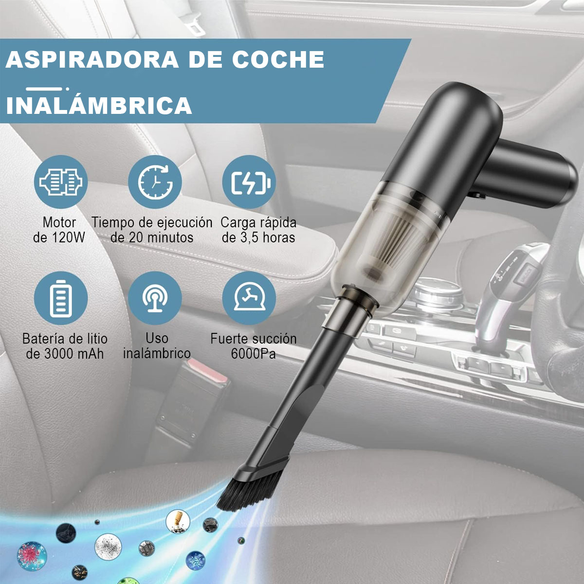 Foto 3 pulgar | Mini Aspiradora De Mano Para Coche Y Hogar 6000pa Inalámbrica Portatil 120w Usb Recargable Color Negro