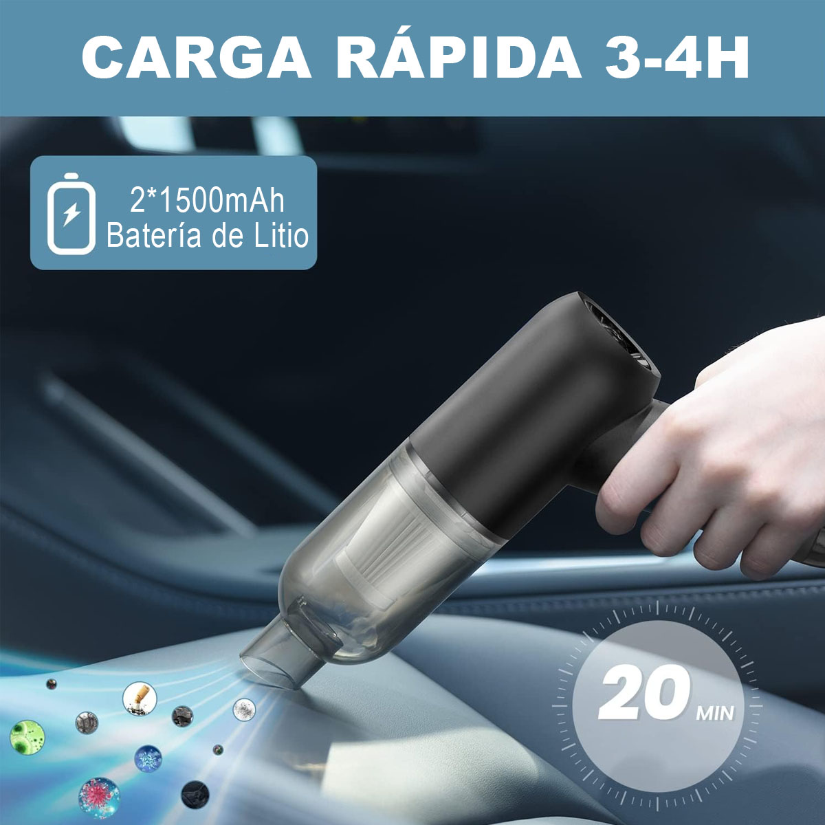 Foto 4 | Mini Aspiradora De Mano Para Coche Y Hogar 6000pa Inalámbrica Portatil 120w Usb Recargable Color Negro