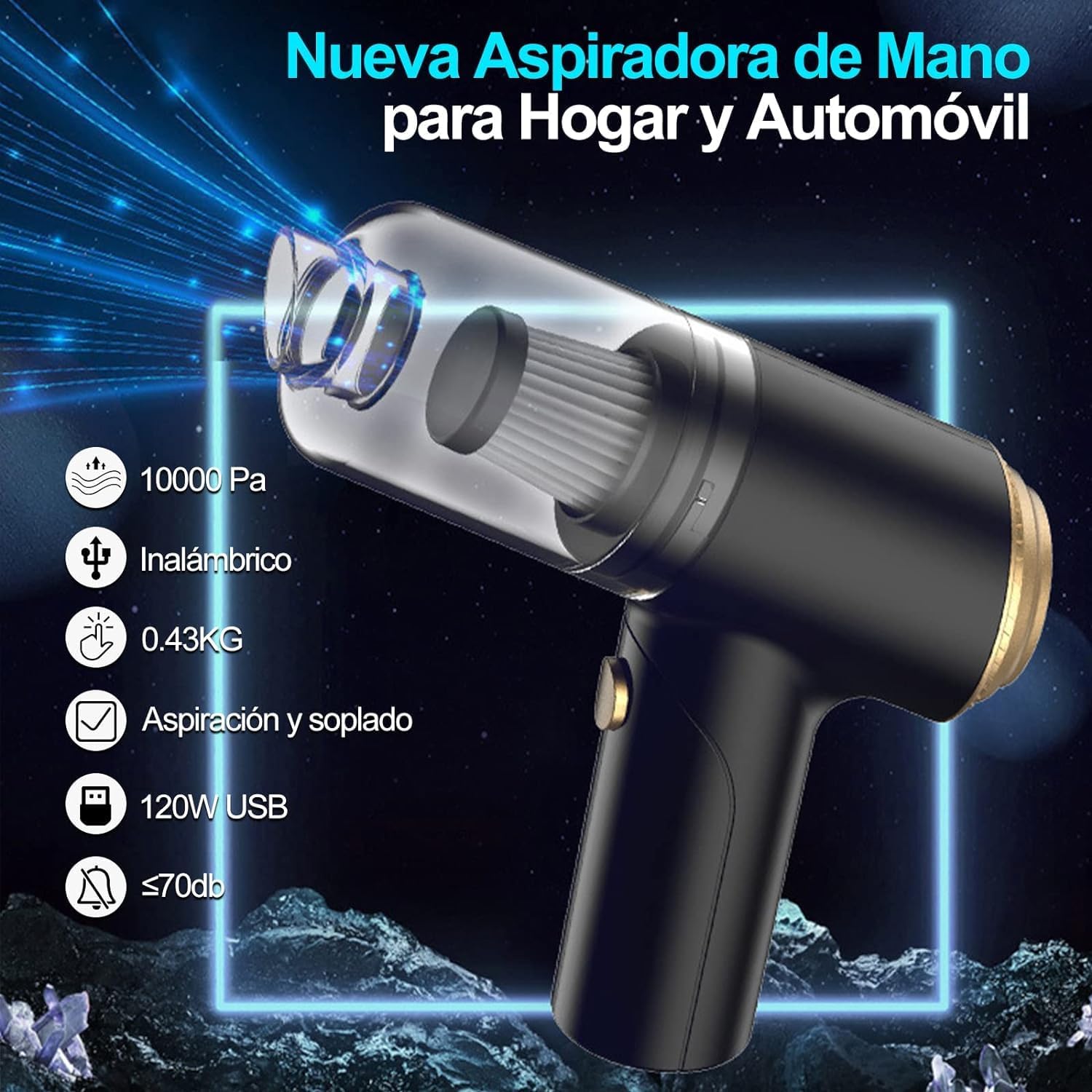 Foto 2 | Aspiradora De Mano Para Coche Y Hogar 10000pa Inalámbrica Portatil 120w Usb Recargable Color Negro
