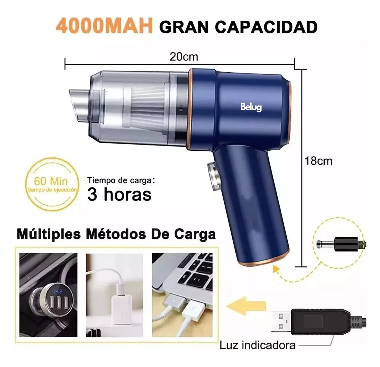 Foto 3 pulgar | Aspiradora Para Auto Mini Portatil De Mano Inalambrica Belug Azul