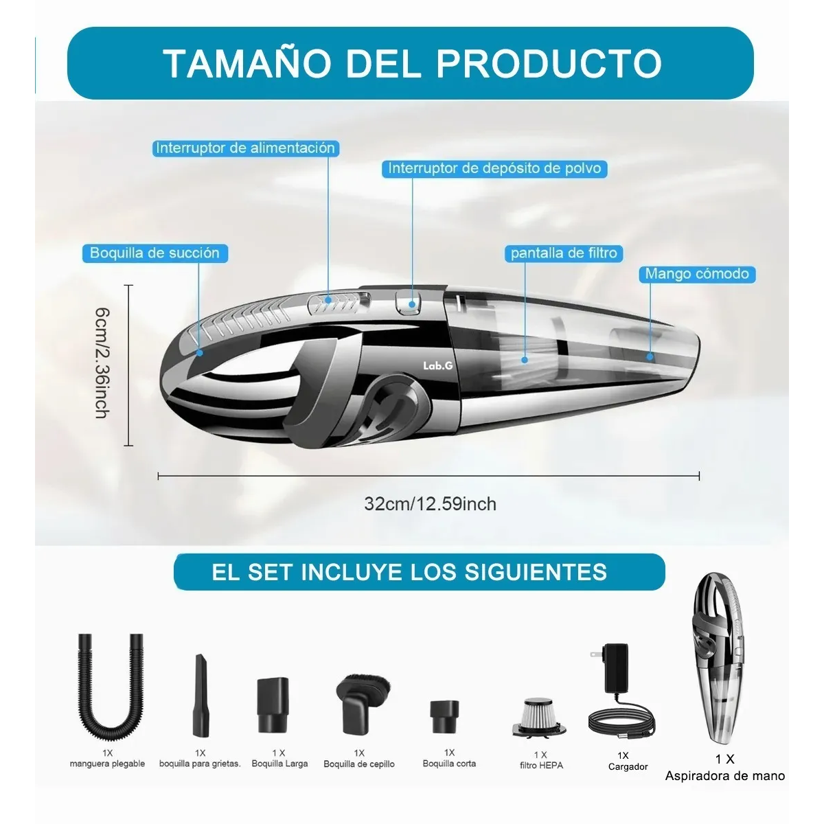 Foto 5 | Aspirador De Mano Portátil Para Hogar Y Automóvil Lab.gnegro