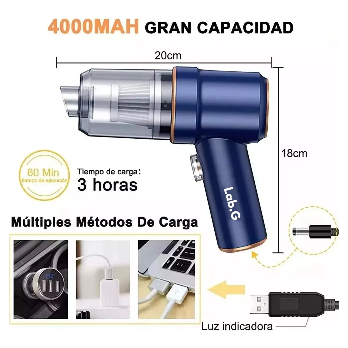 Foto 3 | Aspiradora Para Auto Mini Portatil De Mano Inalámbrica Lab.g Azul