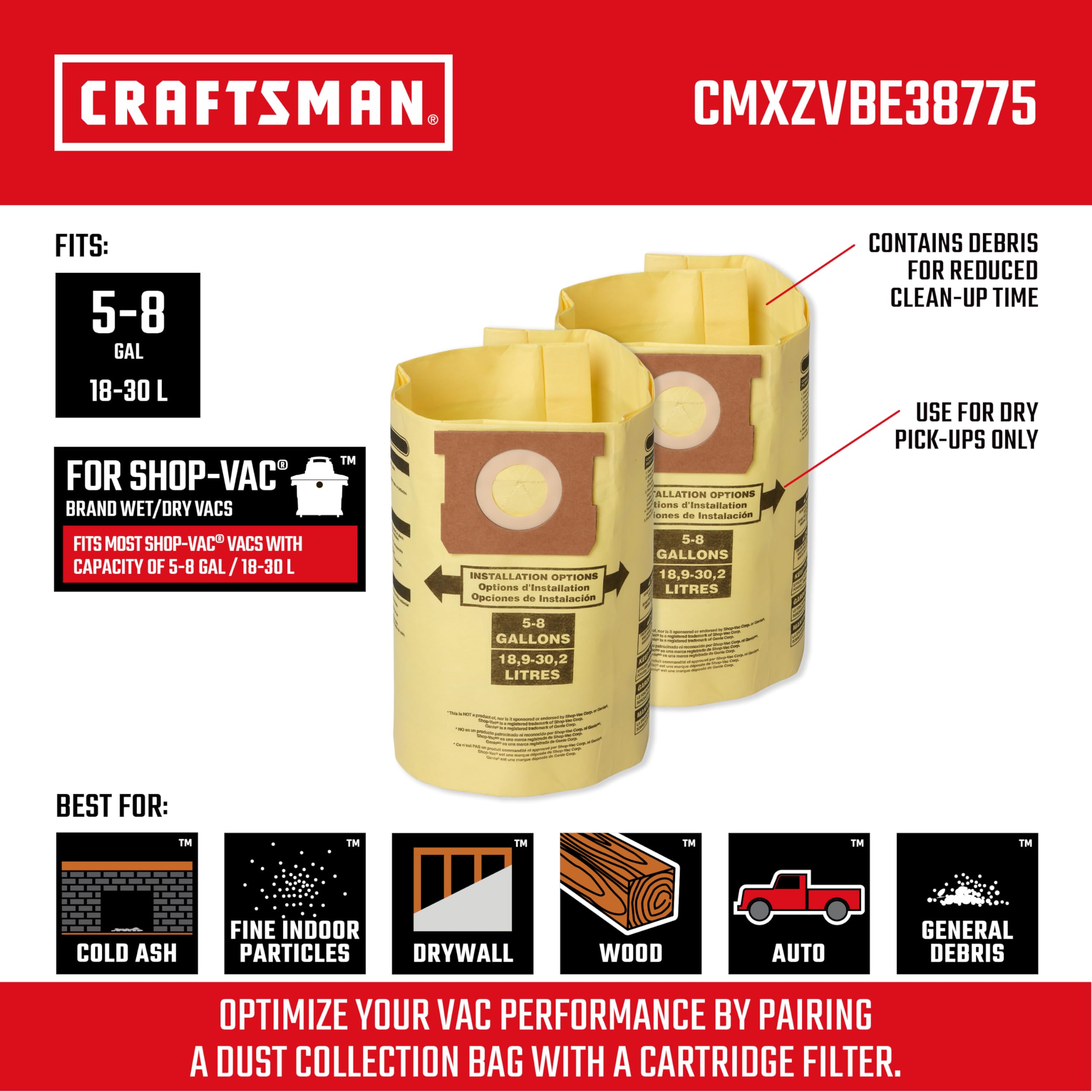 Foto 3 pulgar | Bolsas De Recolección De Polvo Craftsman Cmxzvbe38775, 18,9 L A 30,3 L, Paquete De 2 - Venta Internacional.