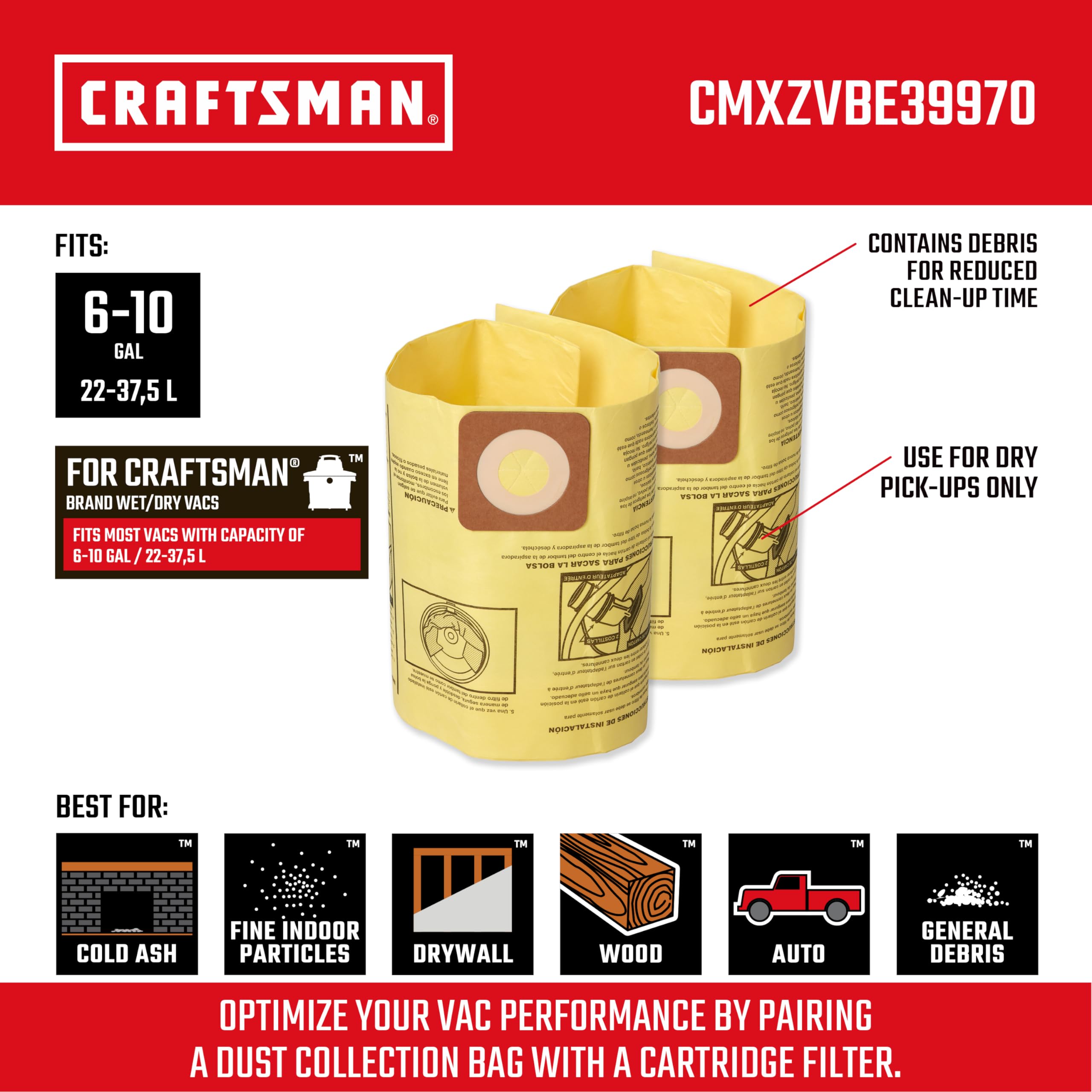 Foto 2 | Bolsas De Recolección De Polvo Craftsman Cmxzvbe39970, Paquete De 2, 6 A 10 Galones - Venta Internacional.