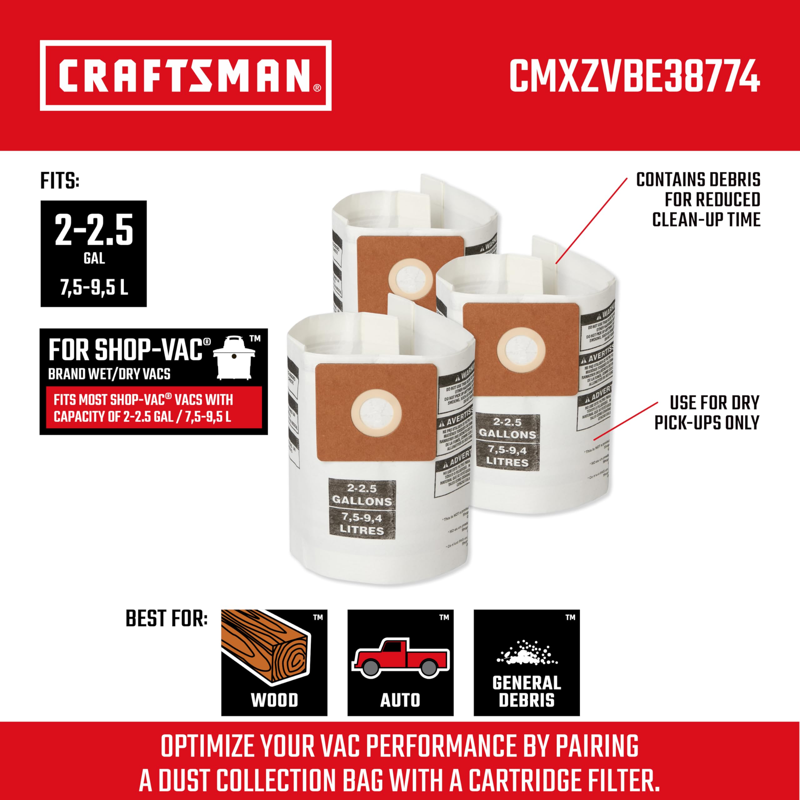 Foto 2 | Bolsas De Recolección De Polvo Craftsman Cmxzvbe38774 Para Aspiradora De 7,5 A 9,5 L - Venta Internacional.