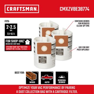 Foto 2 | Bolsas De Recolección De Polvo Craftsman Cmxzvbe38774 Para Aspiradora De 7,5 A 9,5 L - Venta Internacional.