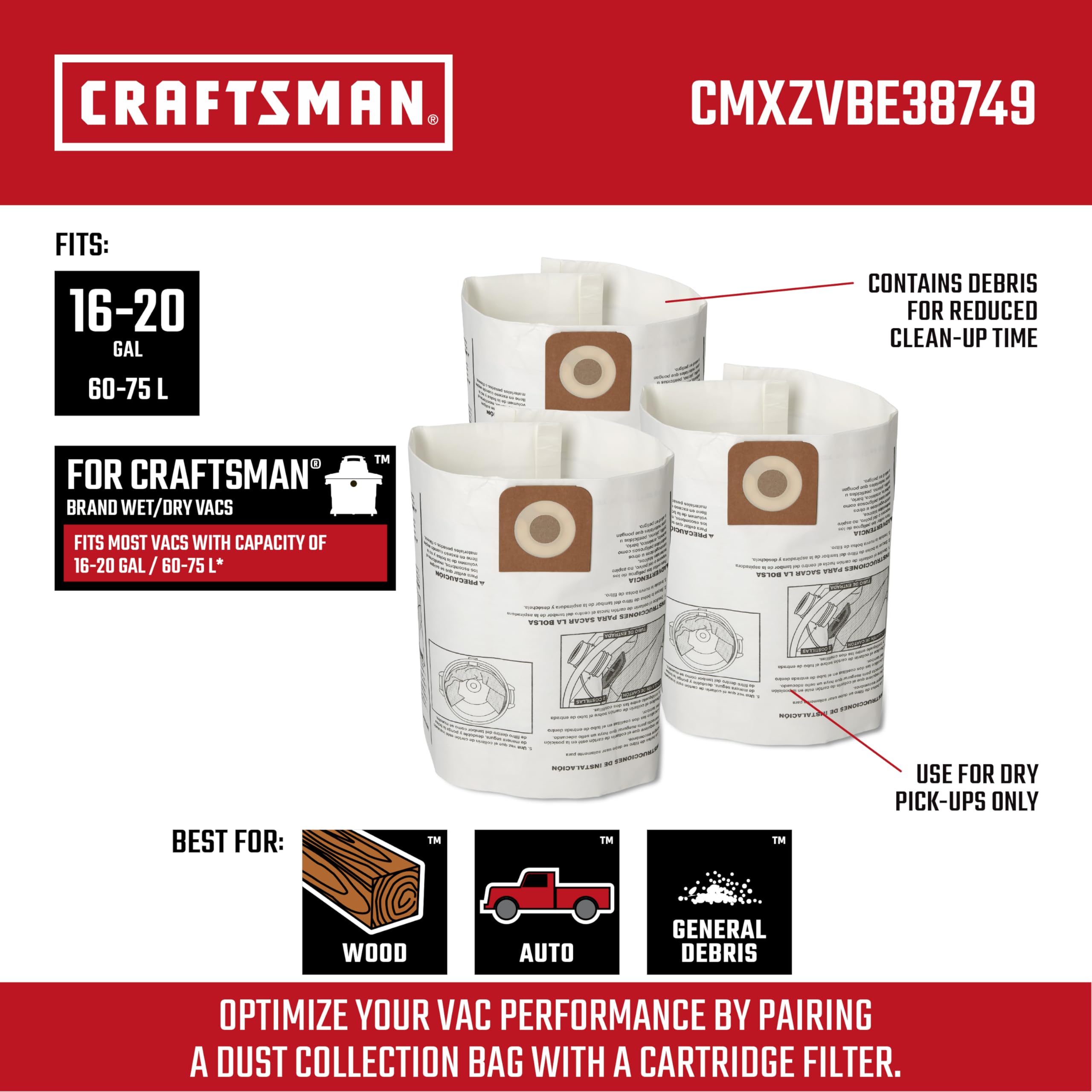 Foto 2 | Bolsas De Recolección De Polvo Craftsman Cmxzvbe38749 Para 16/20 Galones - Venta Internacional.