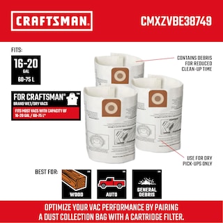 Foto 2 | Bolsas De Recolección De Polvo Craftsman Cmxzvbe38749 Para 16/20 Galones - Venta Internacional.