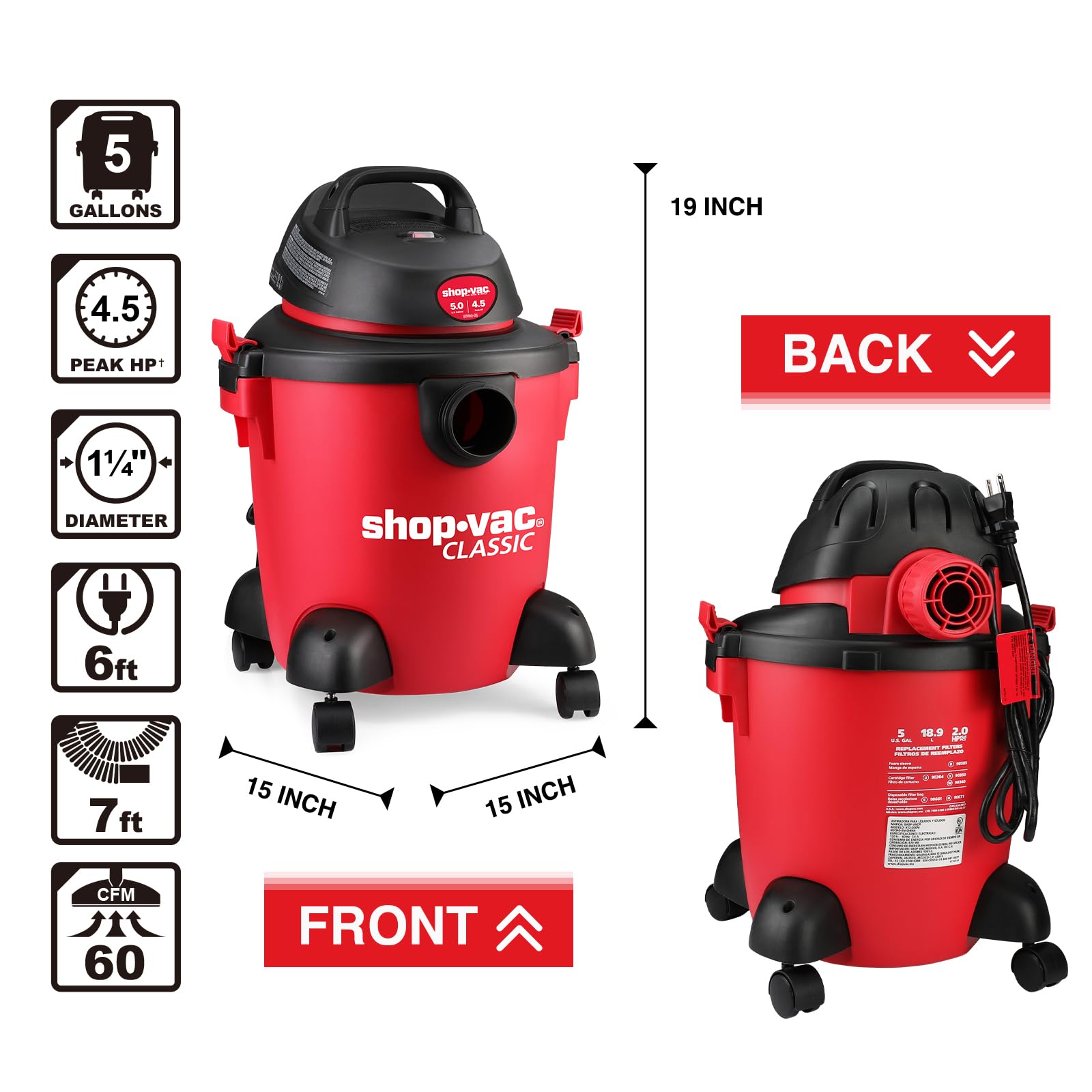 Foto 3 | Aspiradora para Productos Húmedos y Secos Shop-Vac 5 Galones 4.5 Peak HP 3 en 1 Capacidad 21 L - Venta Internacional