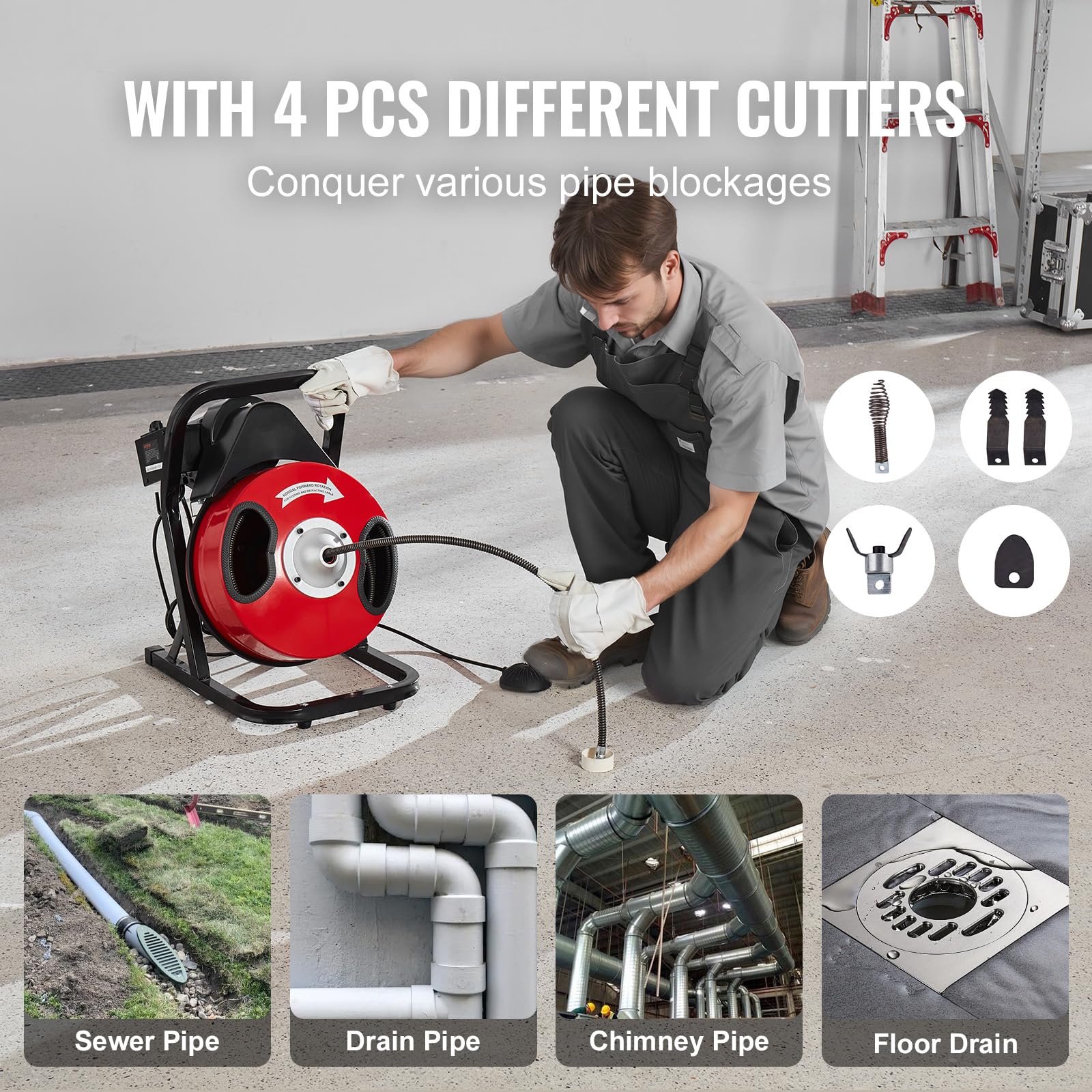 Foto 4 pulgar | Máquina Limpiadora De Desagües Vevor Eléctrica De 50 Pies X 1/2 Pulgadas Con 4 Cortadores - Venta Internacional.