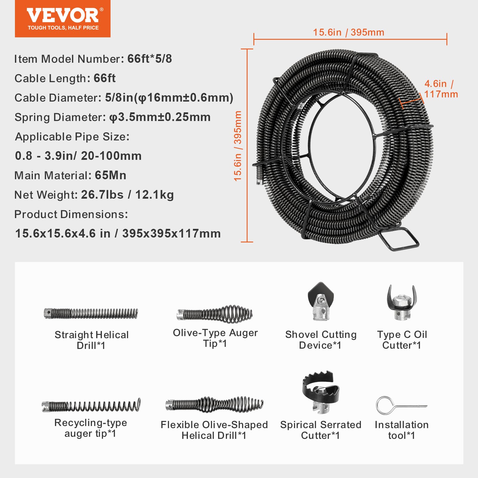 Foto 8 pulgar | Cable De Limpieza De Desagües Vevor De 20 M X 16 Mm Con 7 Cortadores Para 2 A 10 Cm - Venta Internacional.