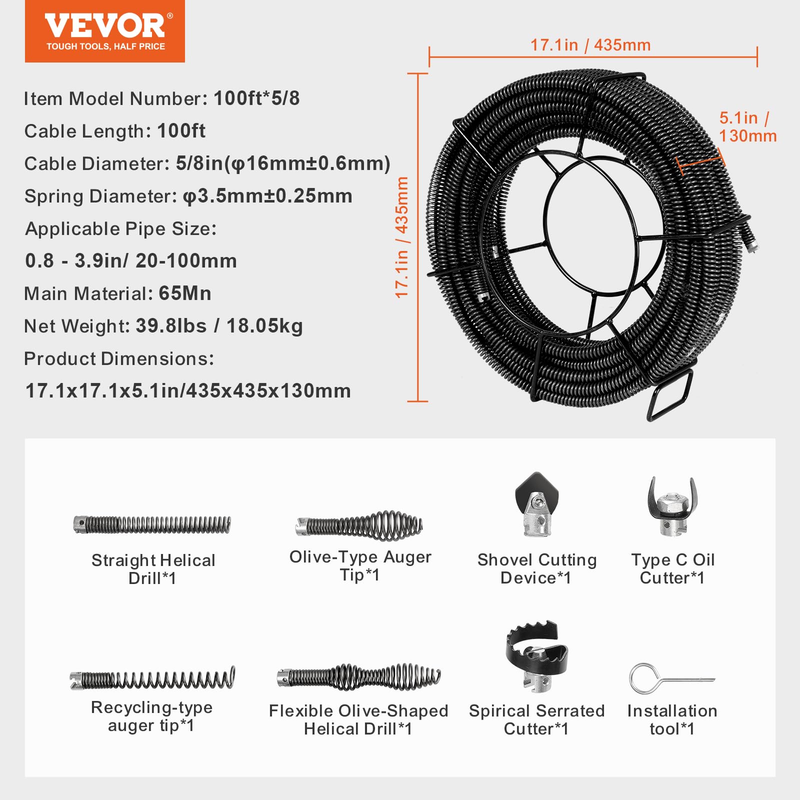 Foto 8 pulgar | Cable De Limpieza De Desagües Vevor De 100 Pies X 5/8 Pulgadas Para Tubos De 0,8 A 3,9 Pulgadas - Venta Internacional.