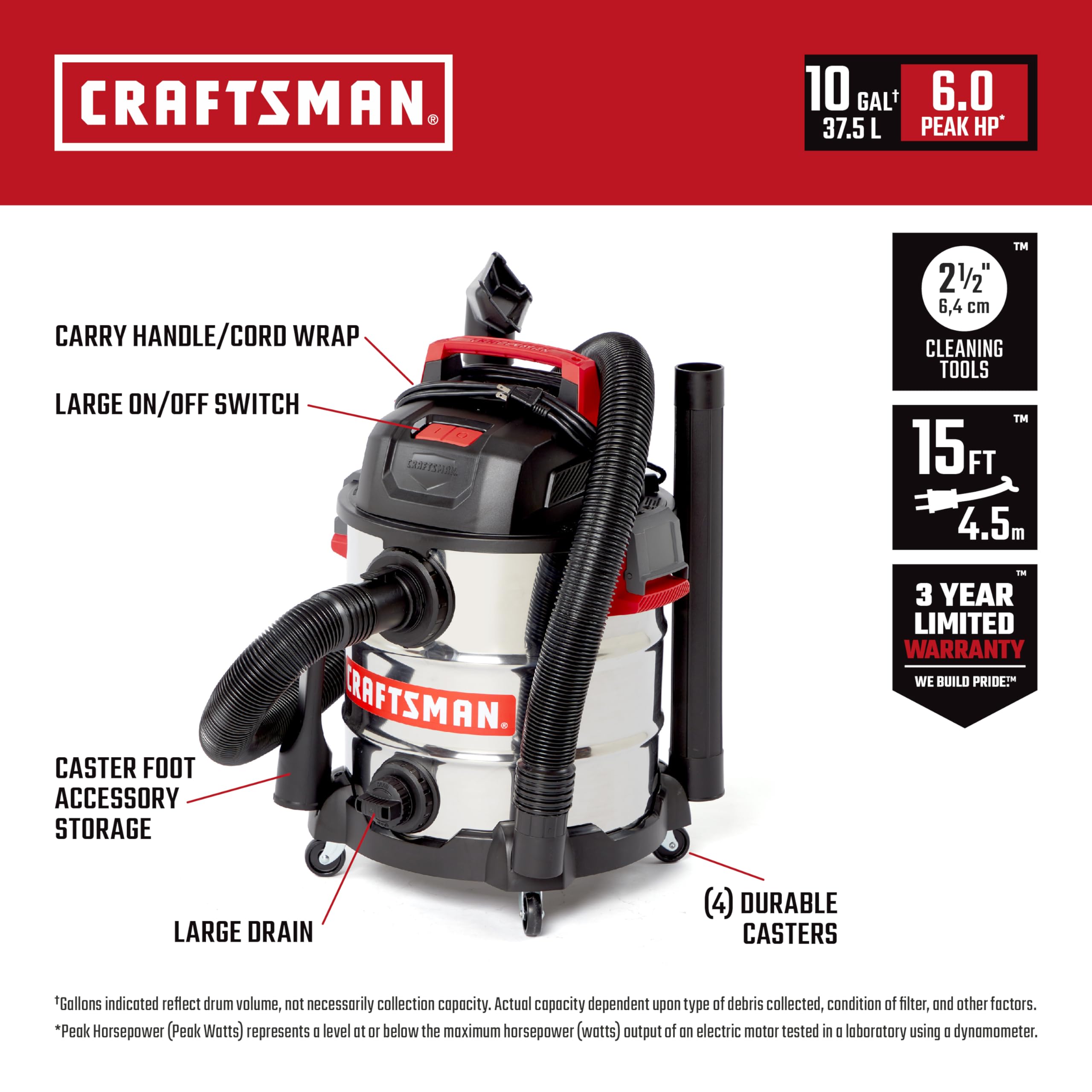 Foto 2 | Aspiradora En Seco Y Húmedo Craftsman Cmxevbe17155, 10 Galones, 6.0 Peak Hp - Venta Internacional.