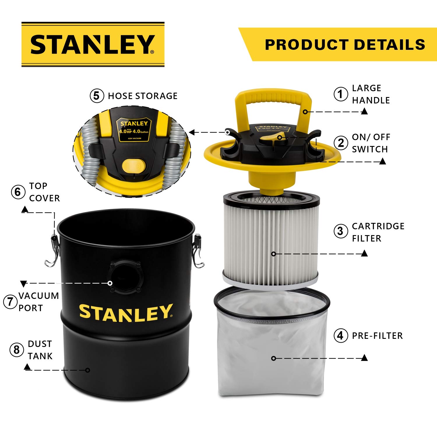 Foto 4 pulgar | Aspiradora De Cenizas Stanley Sl-18184, 4 Galones, 4 Hp, Negra Y Amarilla - Venta Internacional.