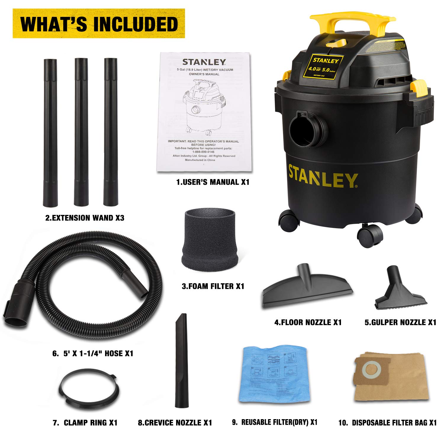 Foto 5 | Aspirador Húmedo Y Seco Stanley Sl18115p 18.9l 4hp Ac 4.0 Hp Negro - Venta Internacional.