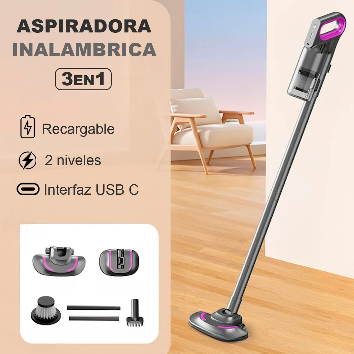 Foto 3 pulgar | Aspiradora Recargable 2 En 1 – Limpieza Total En Cualquier Lugar