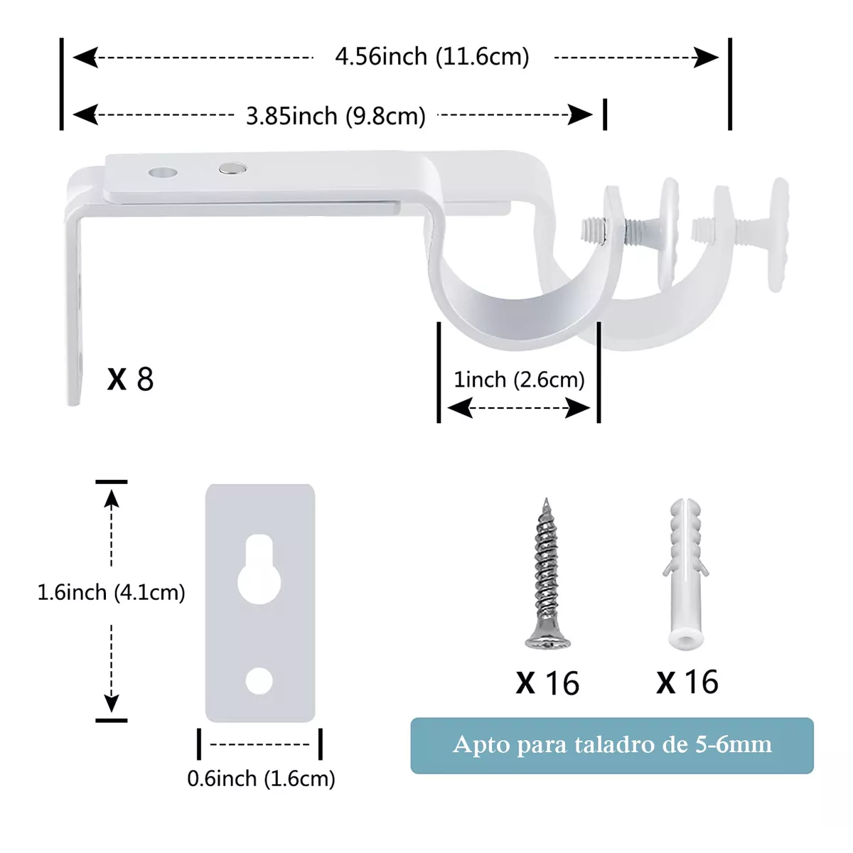 Foto 2 | Set Soporte Cortinero Para Pared Ajustable 8 Pzas Eo Safe Imports Esi-14990 Blanco