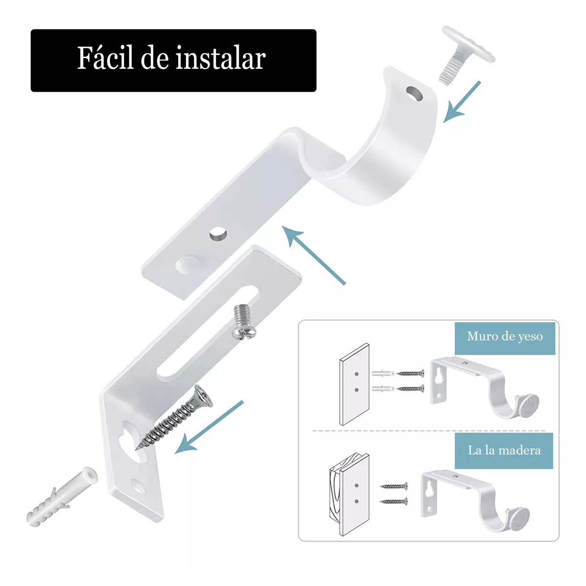 Foto 5 pulgar | Set Soporte Cortinero Para Pared Ajustable 8 Pzas Eo Safe Imports Esi-14990 Blanco