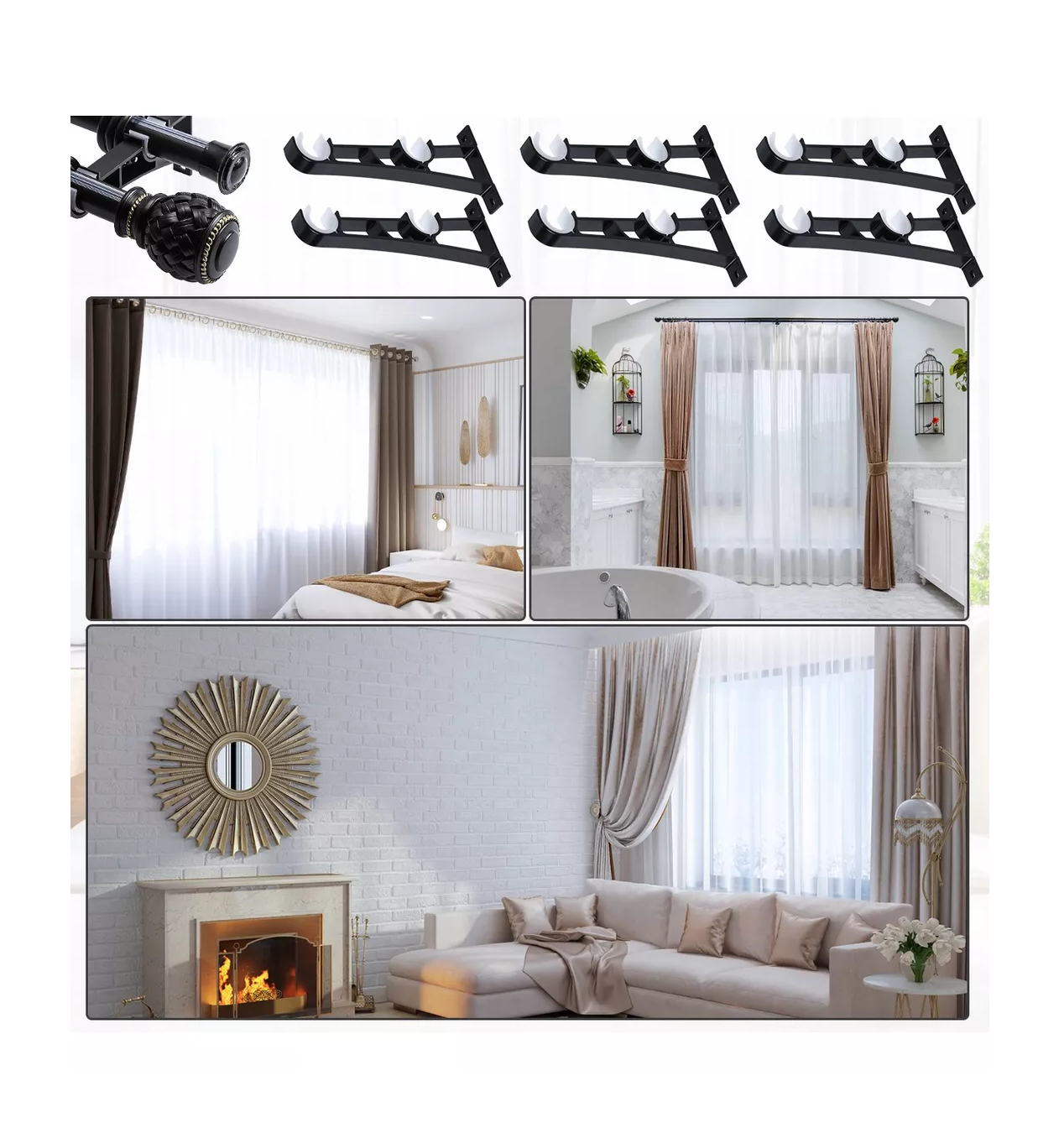 Foto 5 pulgar | Soporte Set De 6 Cortineros Para Pared Ajustable Gancho Negro/blanco