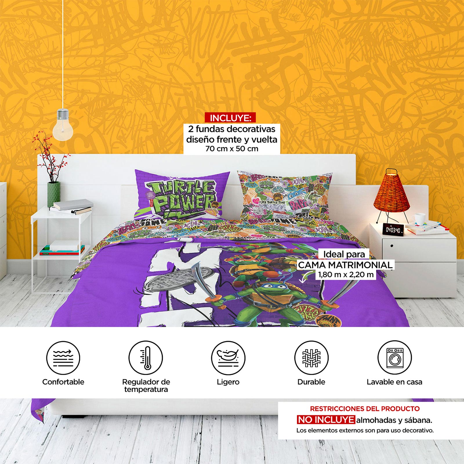 Foto 5 | Edredón Reversible Matrimonial Providencia Tortugas Ninja Multicolor + 2 Fundas