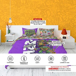 Foto 5 | Edredón Reversible Matrimonial Providencia Tortugas Ninja Multicolor + 2 Fundas