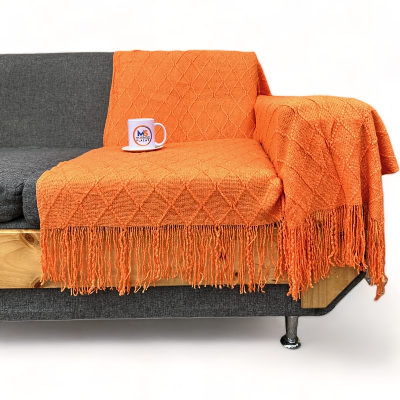 Manta Decorativa De Acrílico Tejida Con Flecos De Color Naranja Rombo - Venta Internacional.