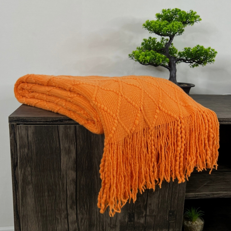 Foto 3 pulgar | Manta Decorativa De Acrílico Tejida Con Flecos De Color Naranja Rombo - Venta Internacional.
