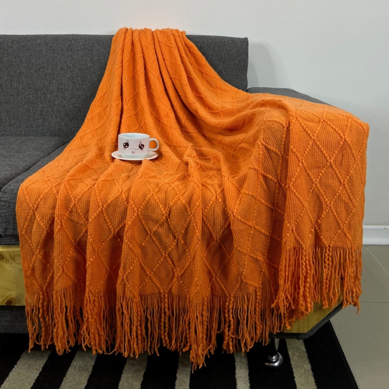Foto 4 pulgar | Manta Decorativa De Acrílico Tejida Con Flecos De Color Naranja Rombo - Venta Internacional.
