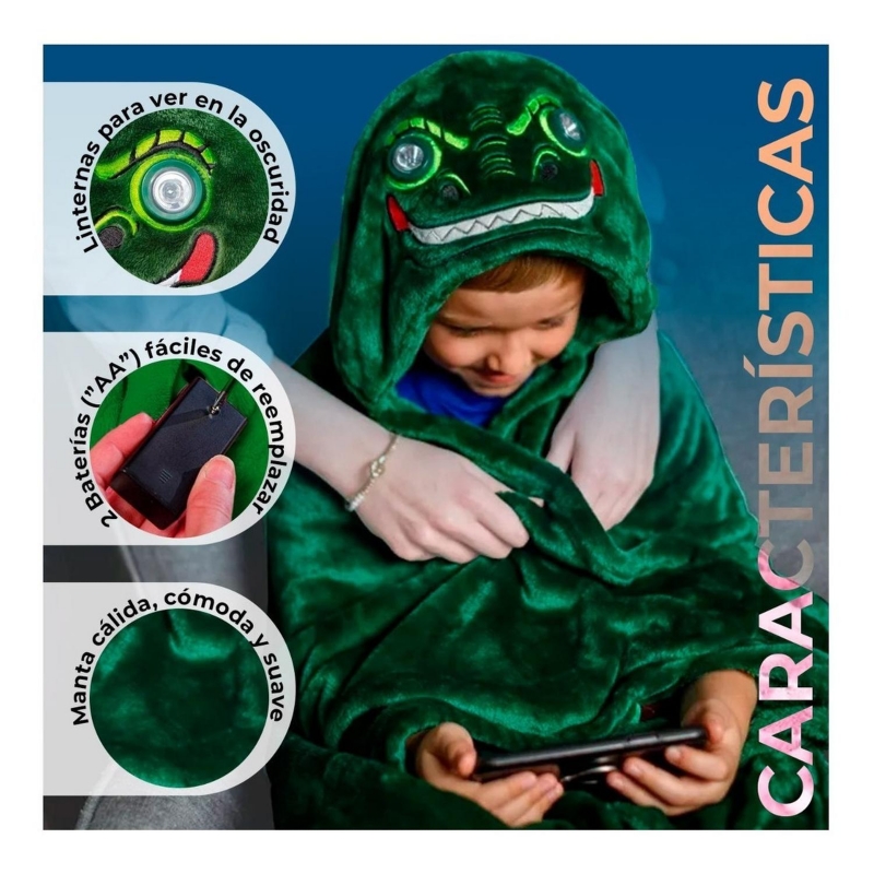 Foto 3 pulgar | Manta Polar Con Capucha Y Ojos Luminosos Para Niños - Venta Internacional.