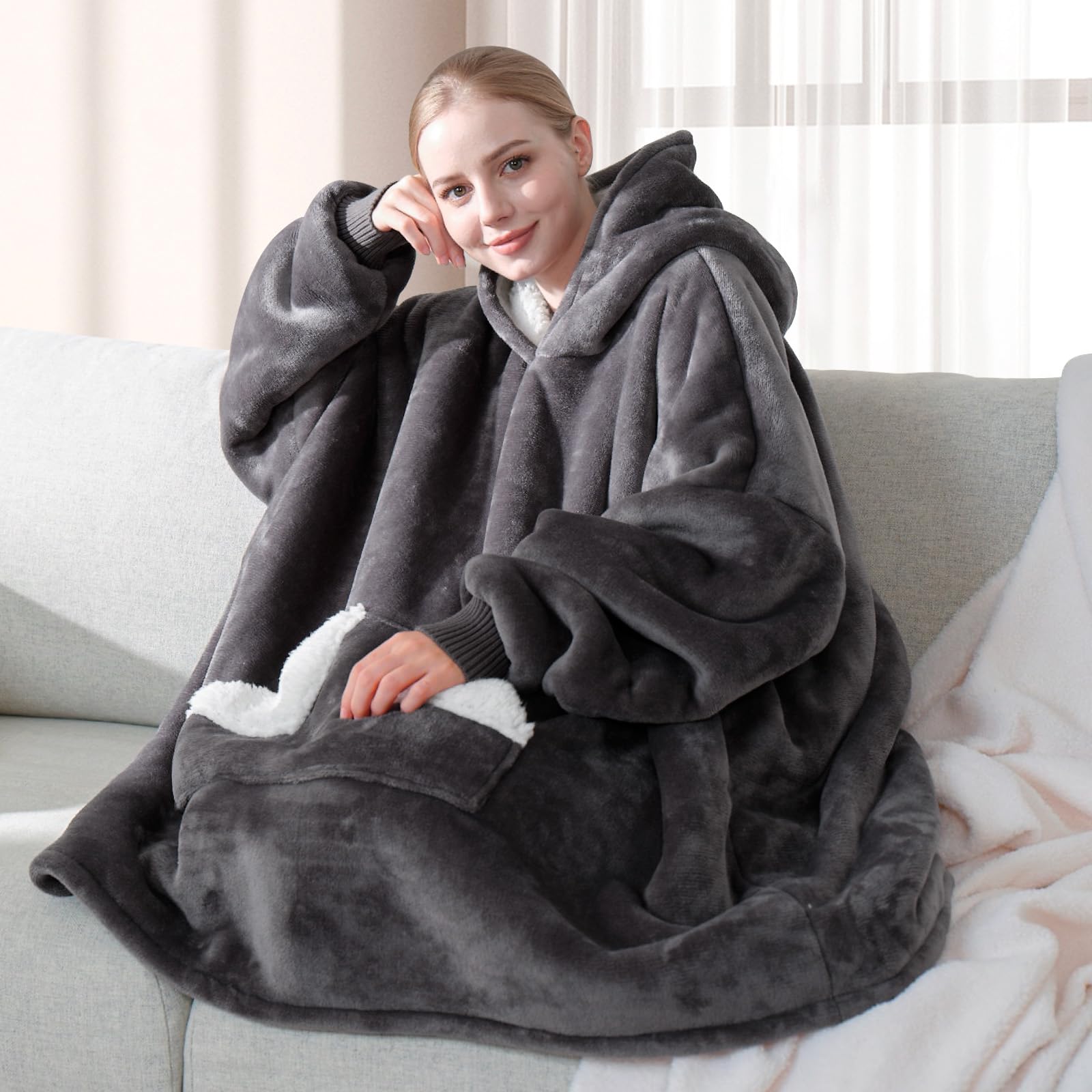 Manta Portátil Con Capucha Touchat, Gran Tamaño, Sherpa, Gris, Para Adultos - Venta Internacional.