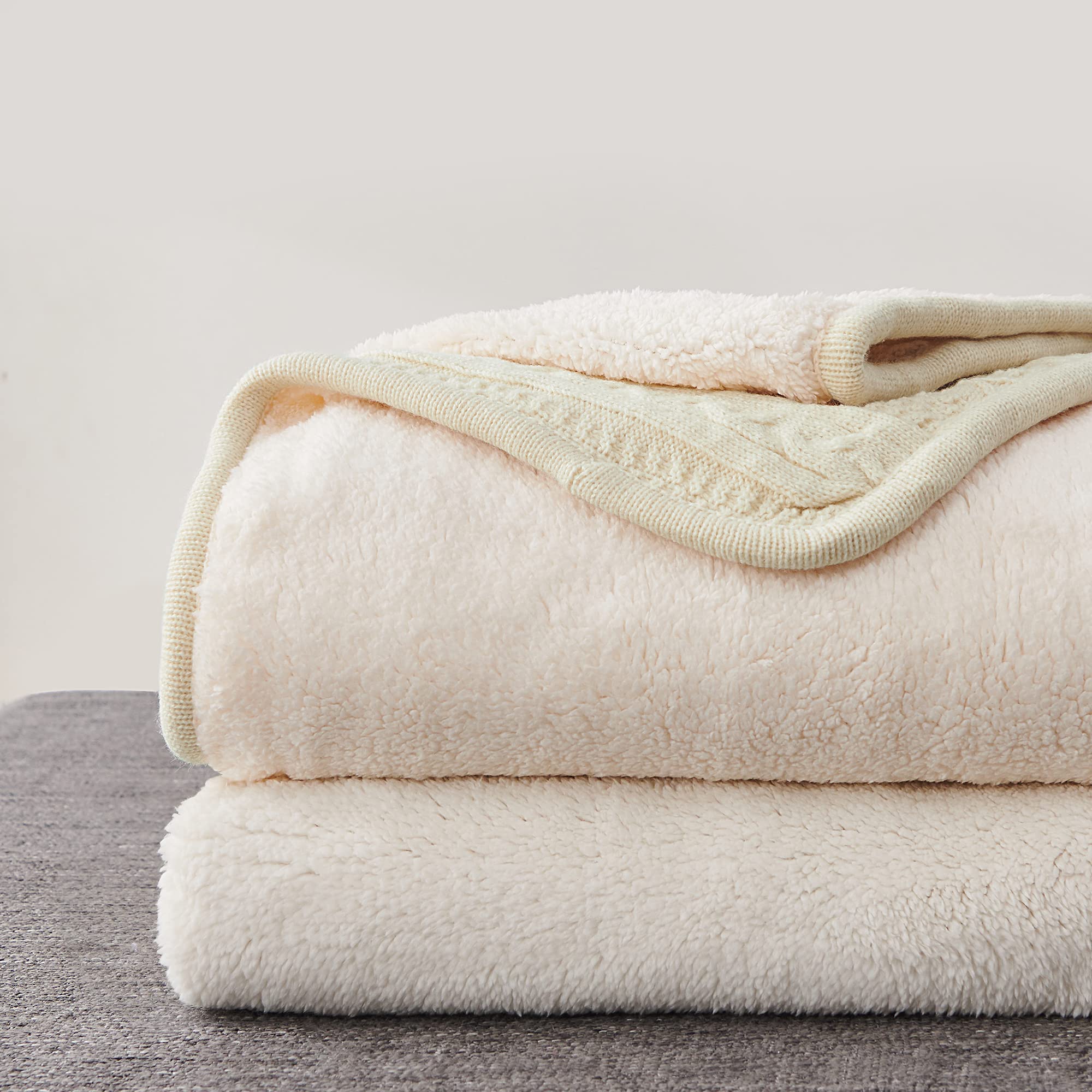Foto 3 pulgar | Manta Longhui de Cama Acrílica Tejida con Cable Sherpa Crea Beige - Venta Internacional