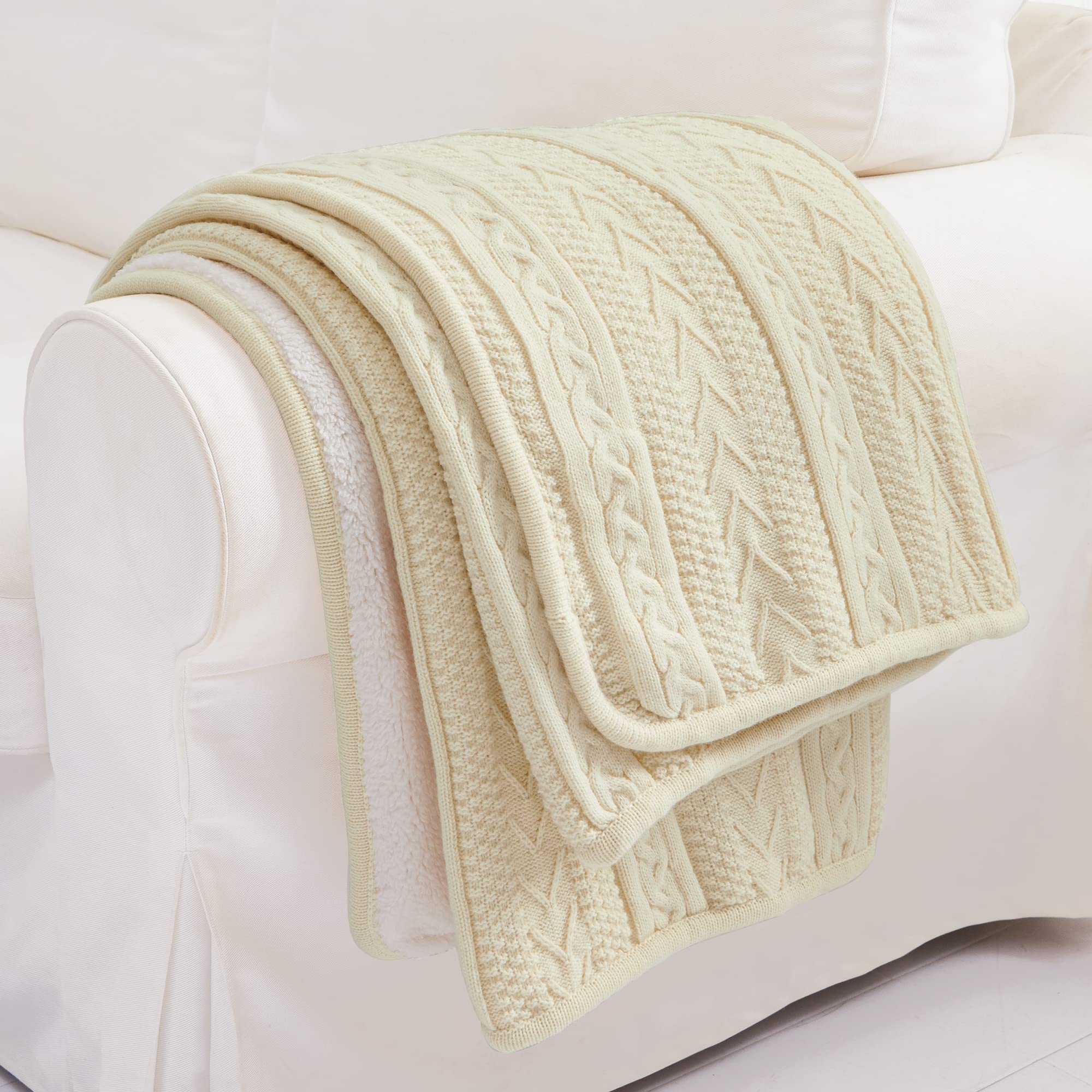 Foto 6 pulgar | Manta Longhui de Cama Acrílica Tejida con Cable Sherpa Crea Beige - Venta Internacional