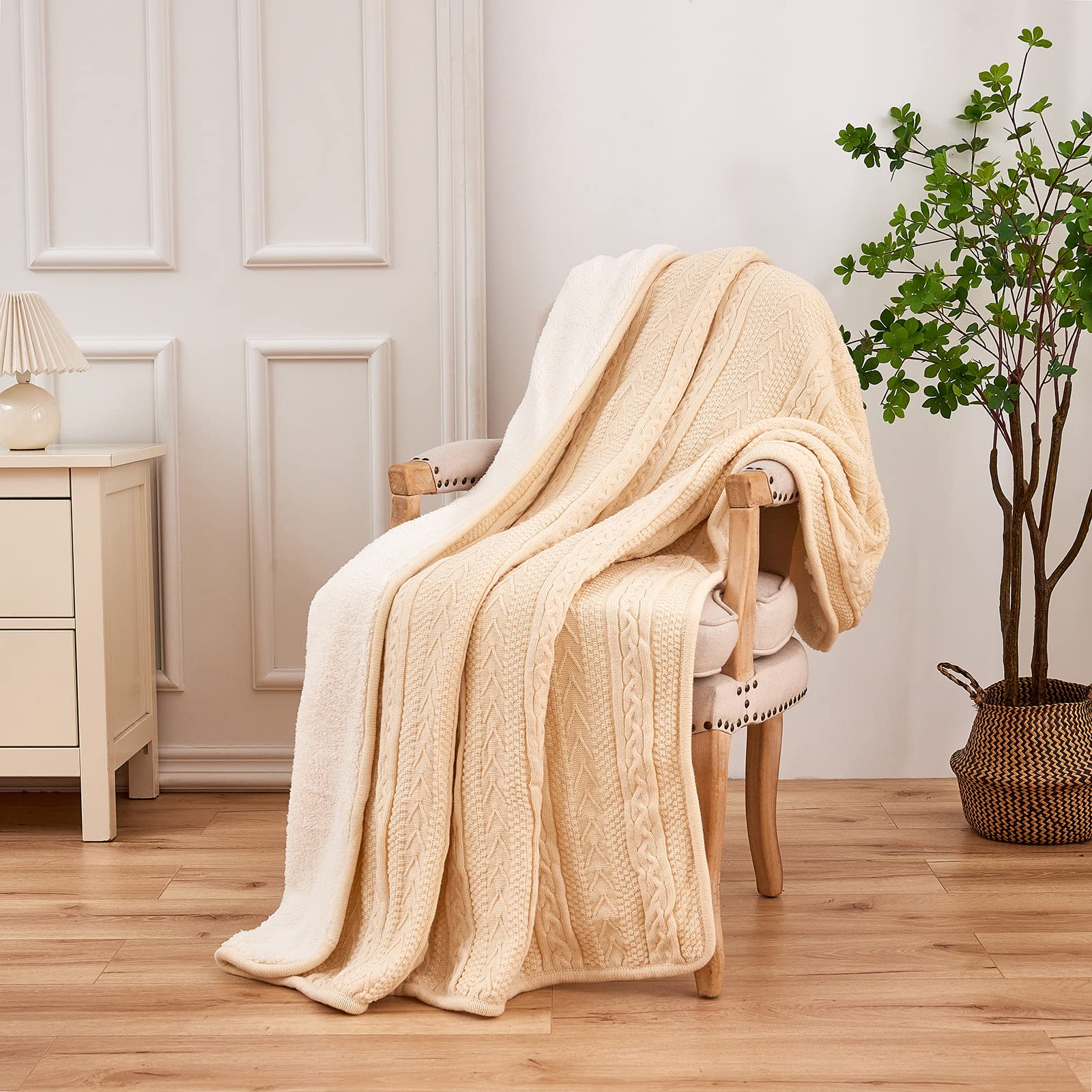 Foto 7 pulgar | Manta Longhui de Cama Acrílica Tejida con Cable Sherpa Crea Beige - Venta Internacional