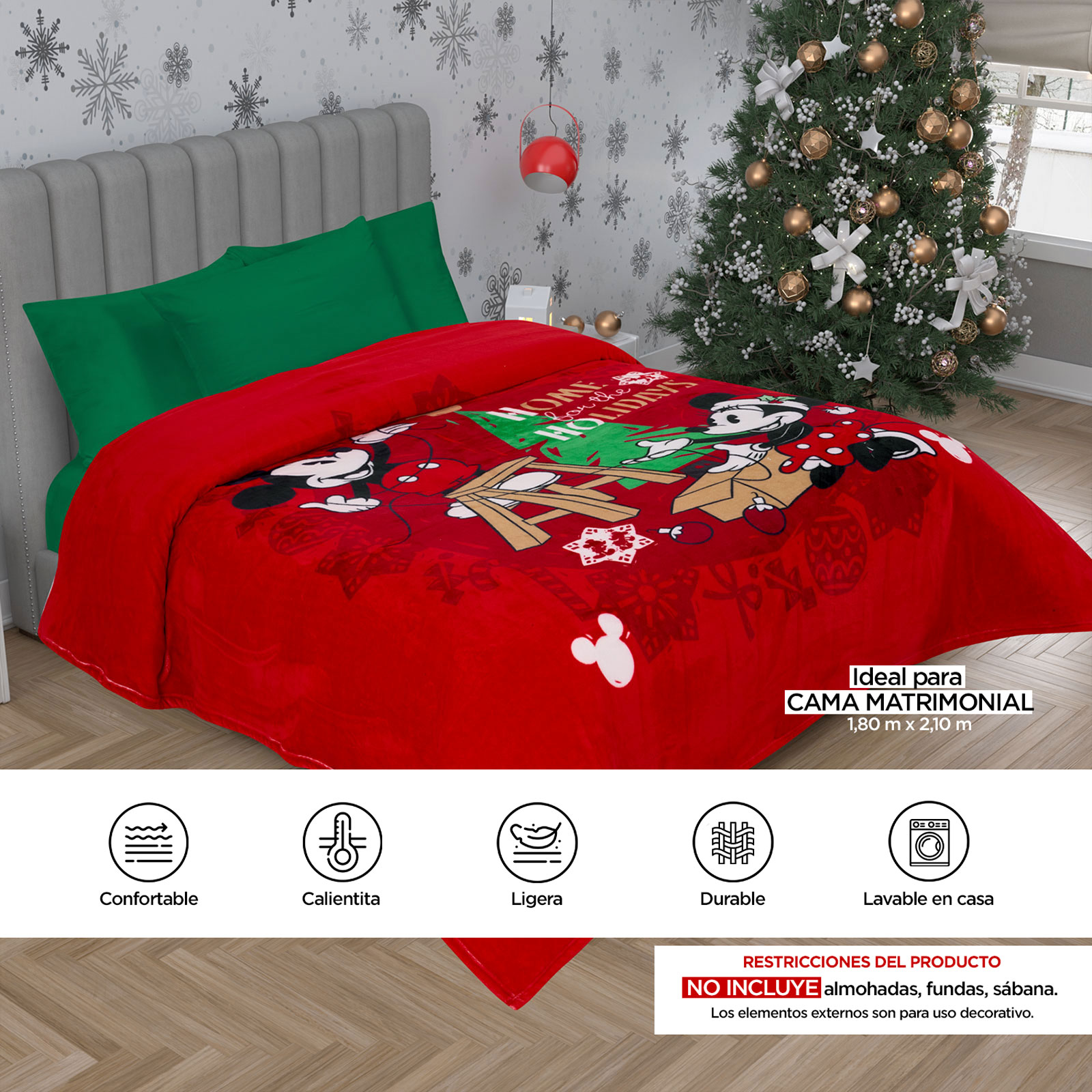 Foto 8 pulgar | Cobertor Serenity Matrimonial Mickey Navidad Home