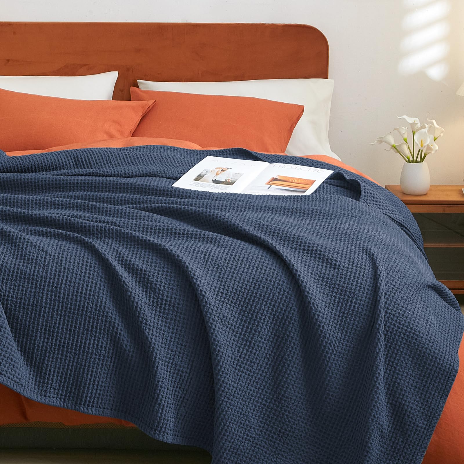 Manta Phf Waffle Weave, 100% Algodón, Tamaño Doble 168 X 229 Cm, Azul Marino - Venta Internacional.