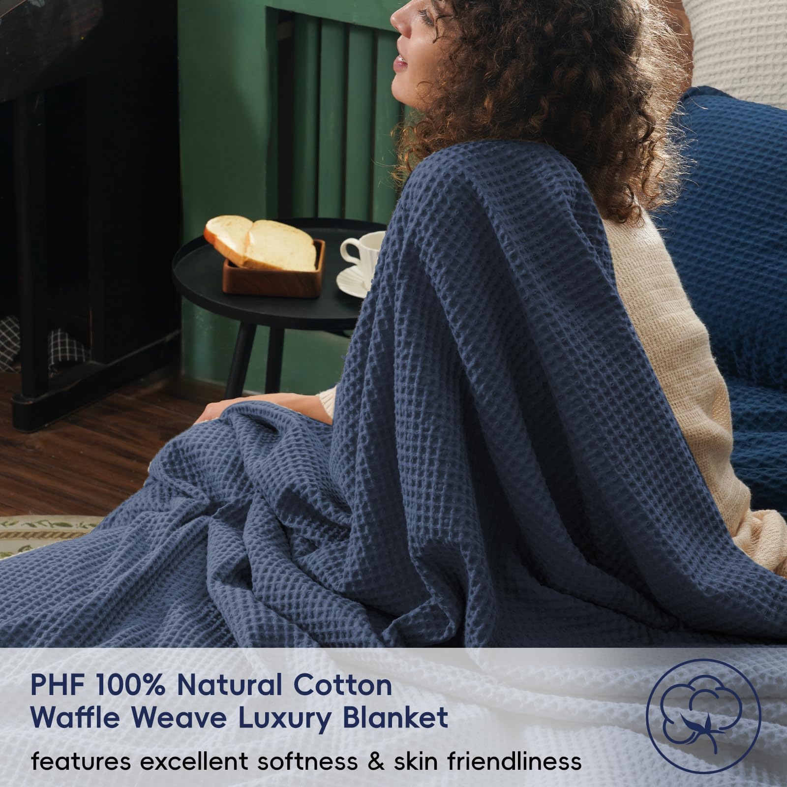 Foto 3 pulgar | Manta Phf Waffle Weave, 100% Algodón, Tamaño Doble 168 X 229 Cm, Azul Marino - Venta Internacional.