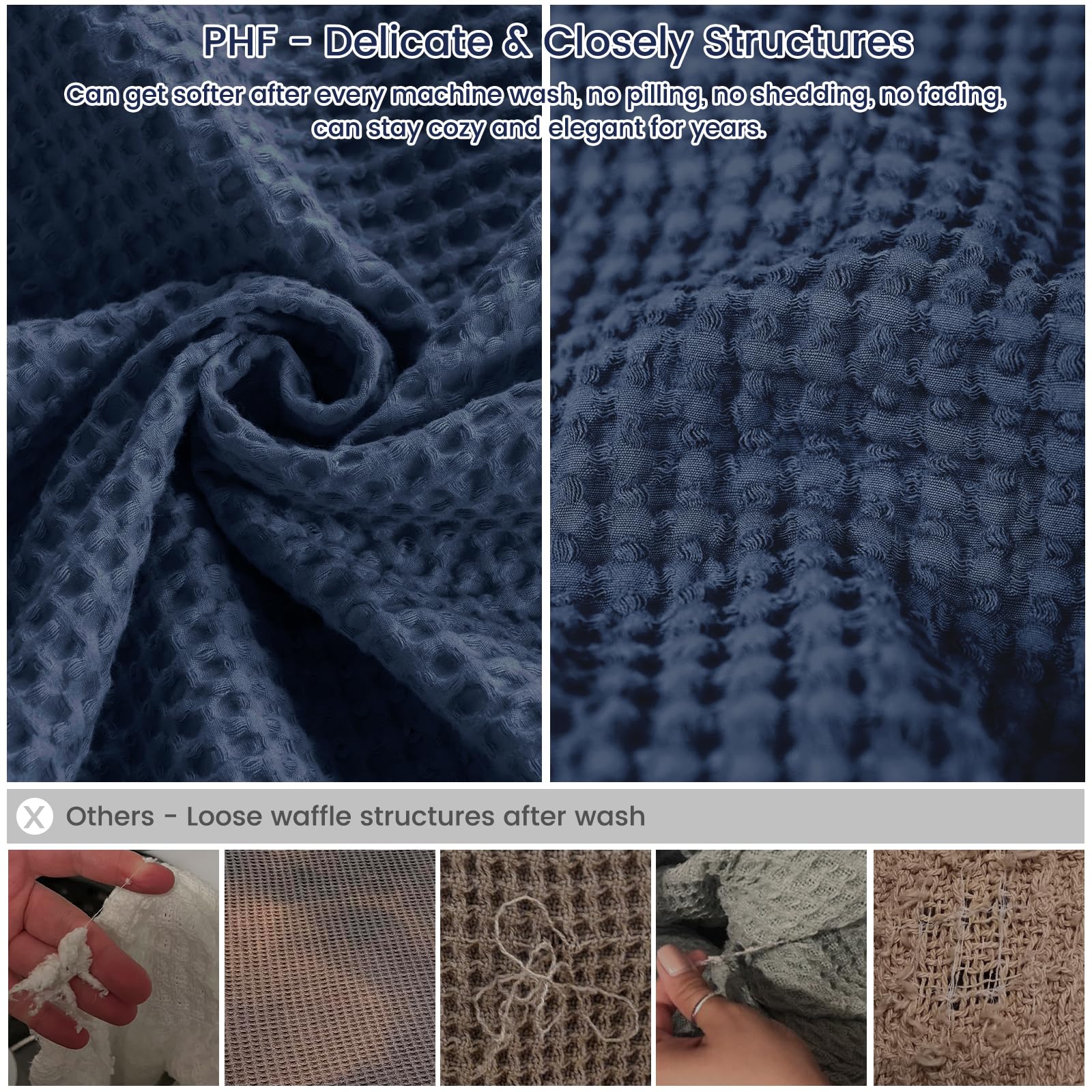 Foto 5 pulgar | Manta Phf Waffle Weave, 100% Algodón, Tamaño Doble 168 X 229 Cm, Azul Marino - Venta Internacional.