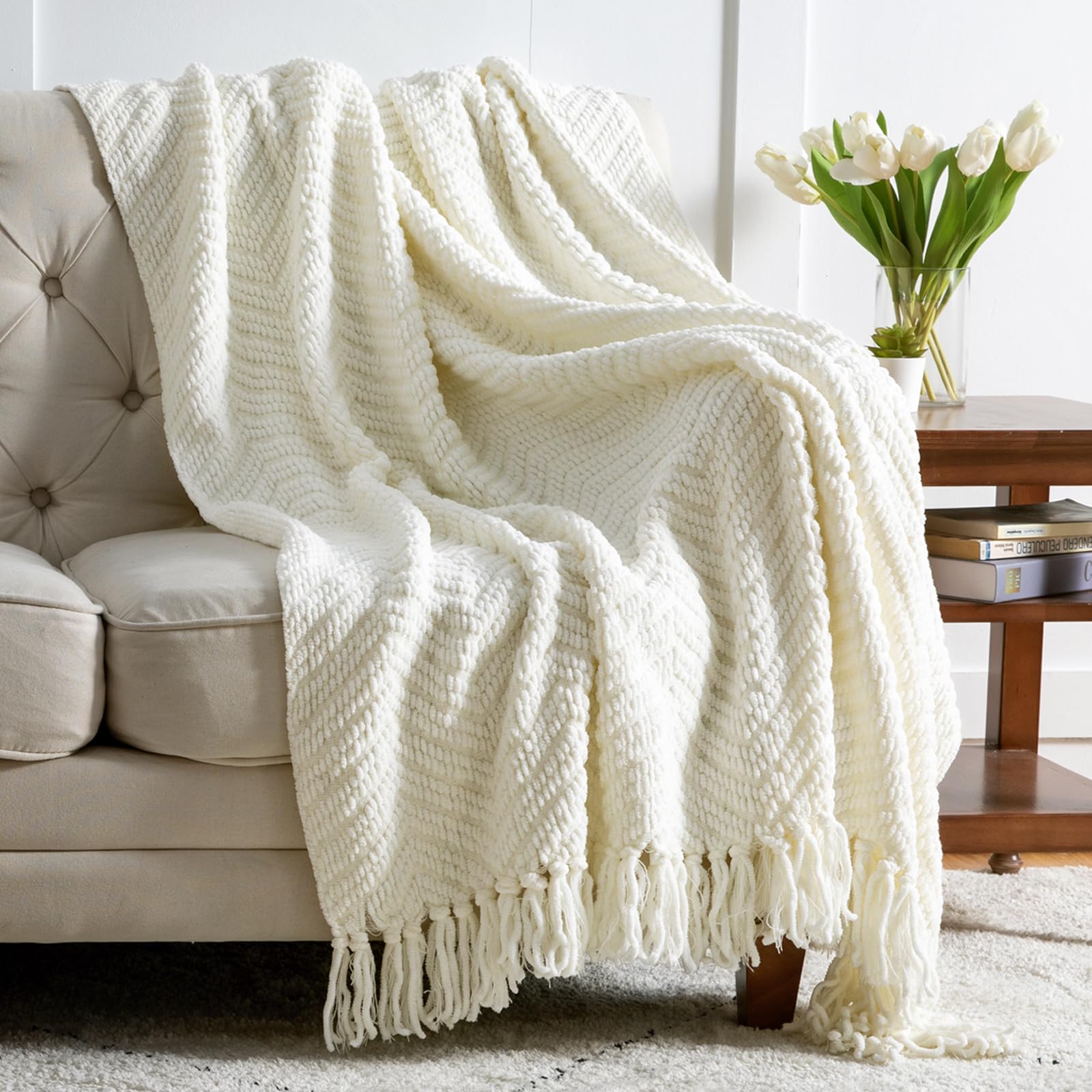Manta De Cama De Chenilla Tejida Con Textura Blanca - Venta Internacional.