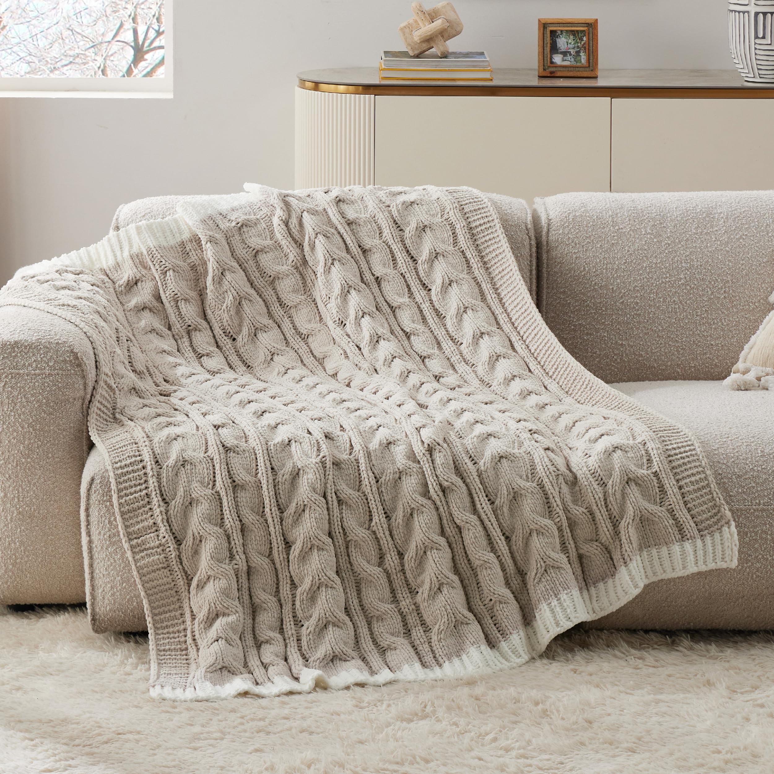 Foto 3 pulgar | Manta Bedsure, Tejido Trenzado De Chenilla, Punto Grueso, Color Beige - Venta Internacional.
