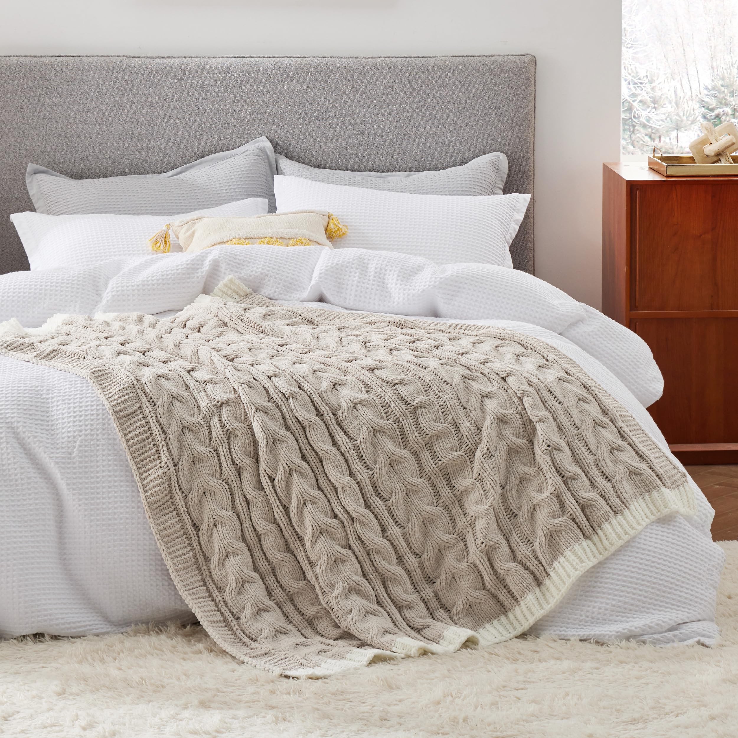 Foto 7 pulgar | Manta Bedsure, Tejido Trenzado De Chenilla, Punto Grueso, Color Beige - Venta Internacional.