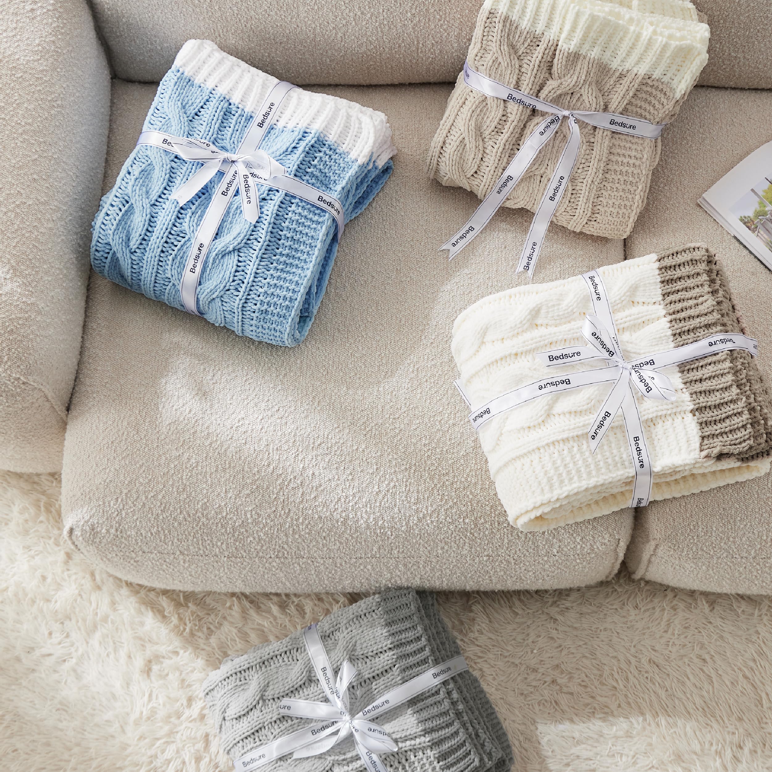 Foto 8 pulgar | Manta Bedsure, Tejido Trenzado De Chenilla, Punto Grueso, Color Beige - Venta Internacional.
