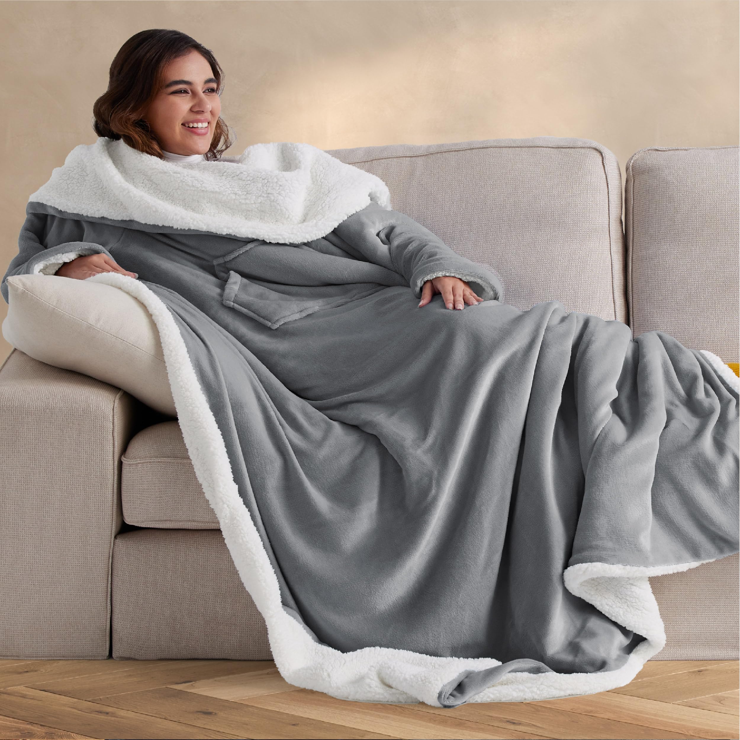 Foto 7 pulgar | Manta De Cama Portátil Para Mujeres Y Hombres Con Mangas, Color Gris - Venta Internacional.
