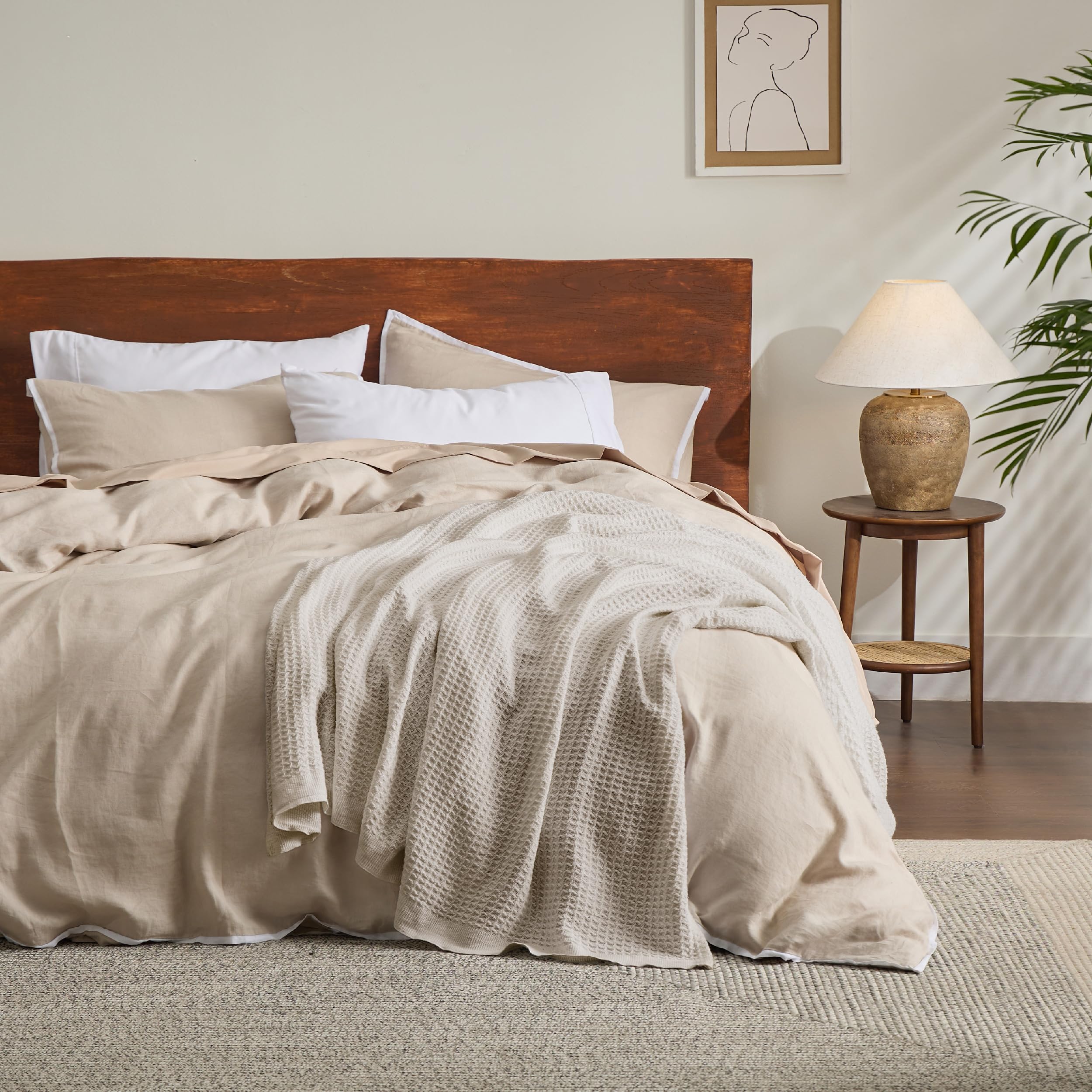 Foto 7 | Manta De Cama, 100% Algodón, Tejido Gofrado, Tamaño Queen, Color Beige Claro - Venta Internacional.