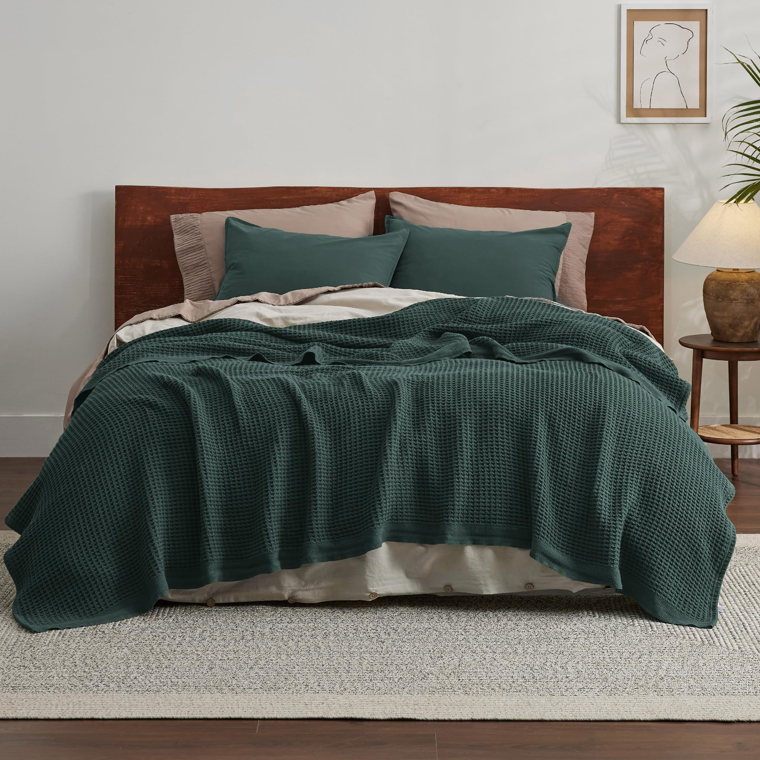 Foto 4 pulgar | Manta Bedsure, 100% Algodón, Tejido Gofrado, Tamaño Queen, Color Verde Oscuro - Venta Internacional.
