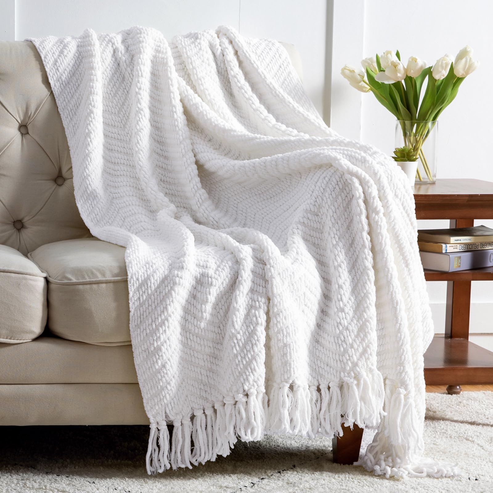 Manta De Cama De Chenilla Tejida Con Textura Blanca - Venta Internacional.