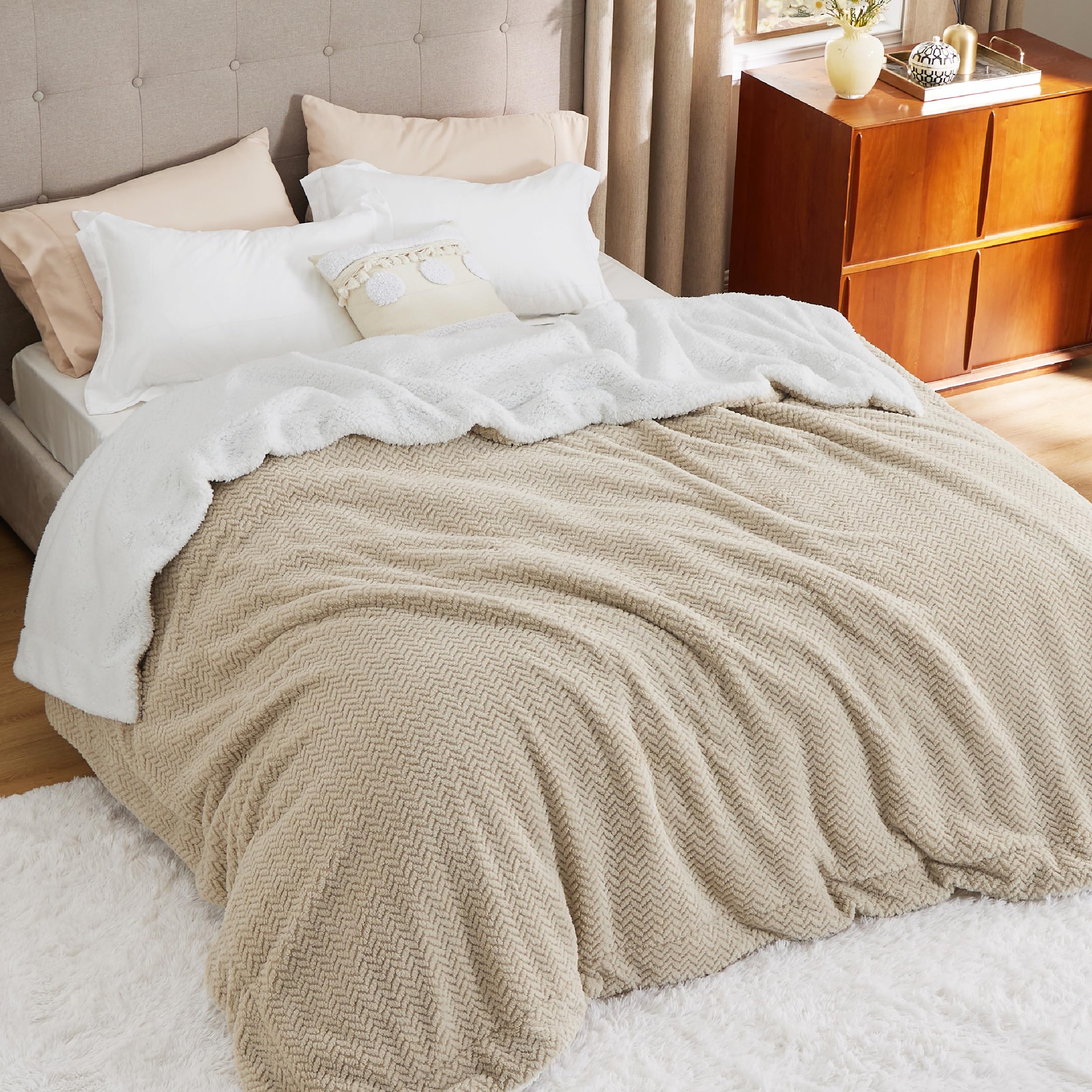 Foto 2 pulgar | Manta Bedsure Sherpa De Forro Polar King Size En Espiga, Color Beige - Venta Internacional.