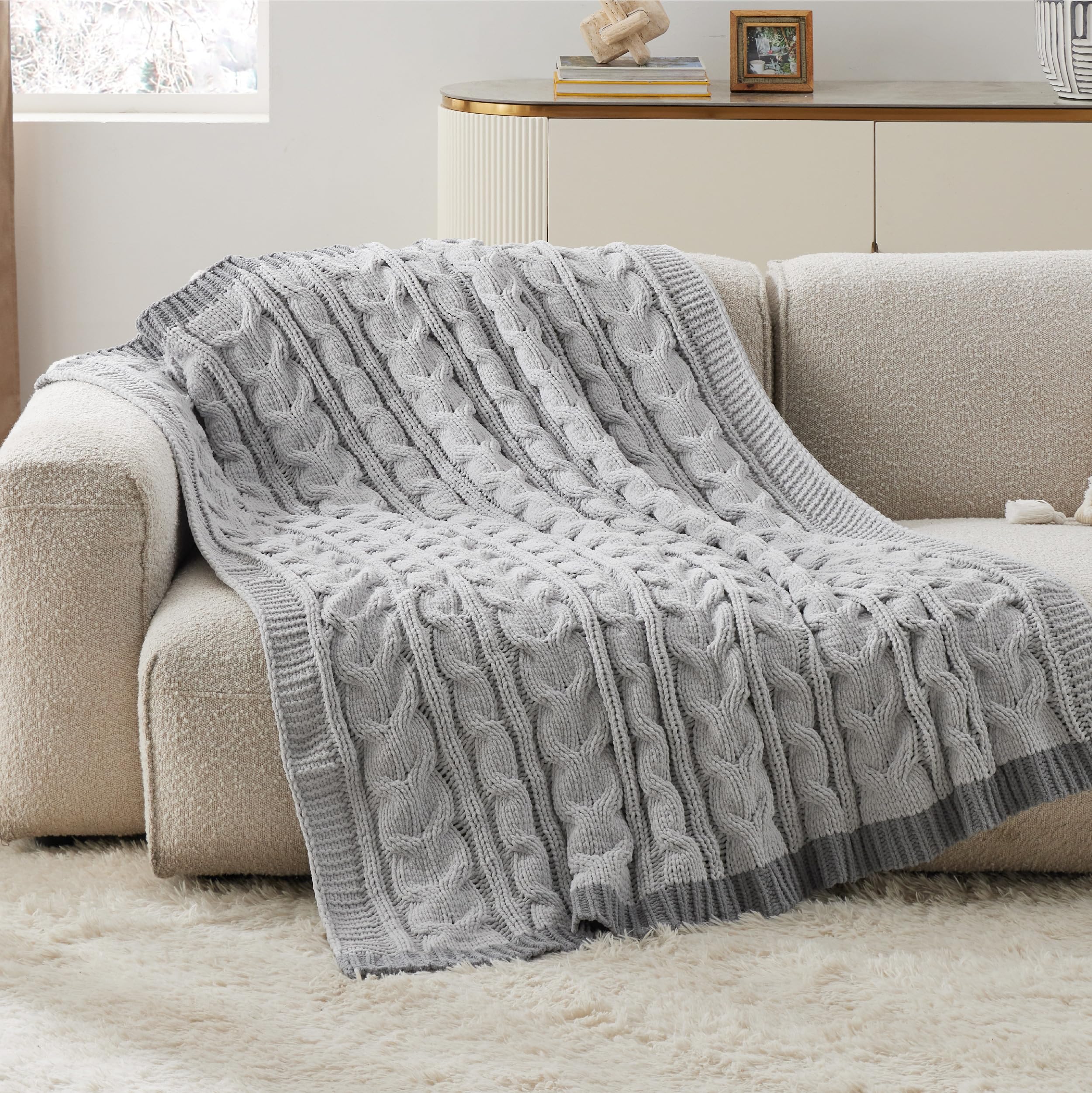 Foto 2 | Manta De Cama De Chenilla Tejida Con Cable, 130 X 150 Cm, Color Gris - Venta Internacional.