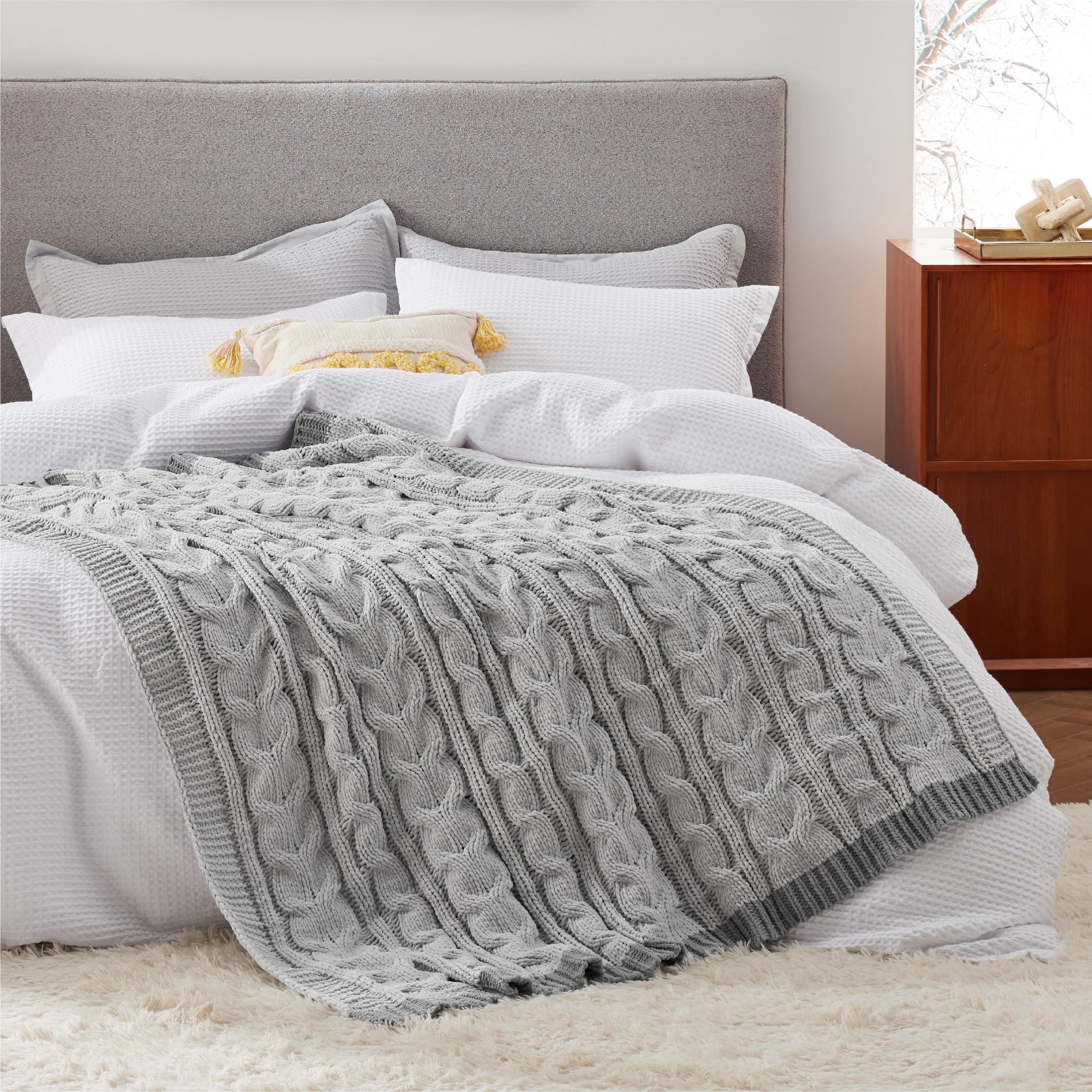 Foto 7 pulgar | Manta De Cama De Chenilla Tejida Con Cable, 130 X 150 Cm, Color Gris - Venta Internacional.