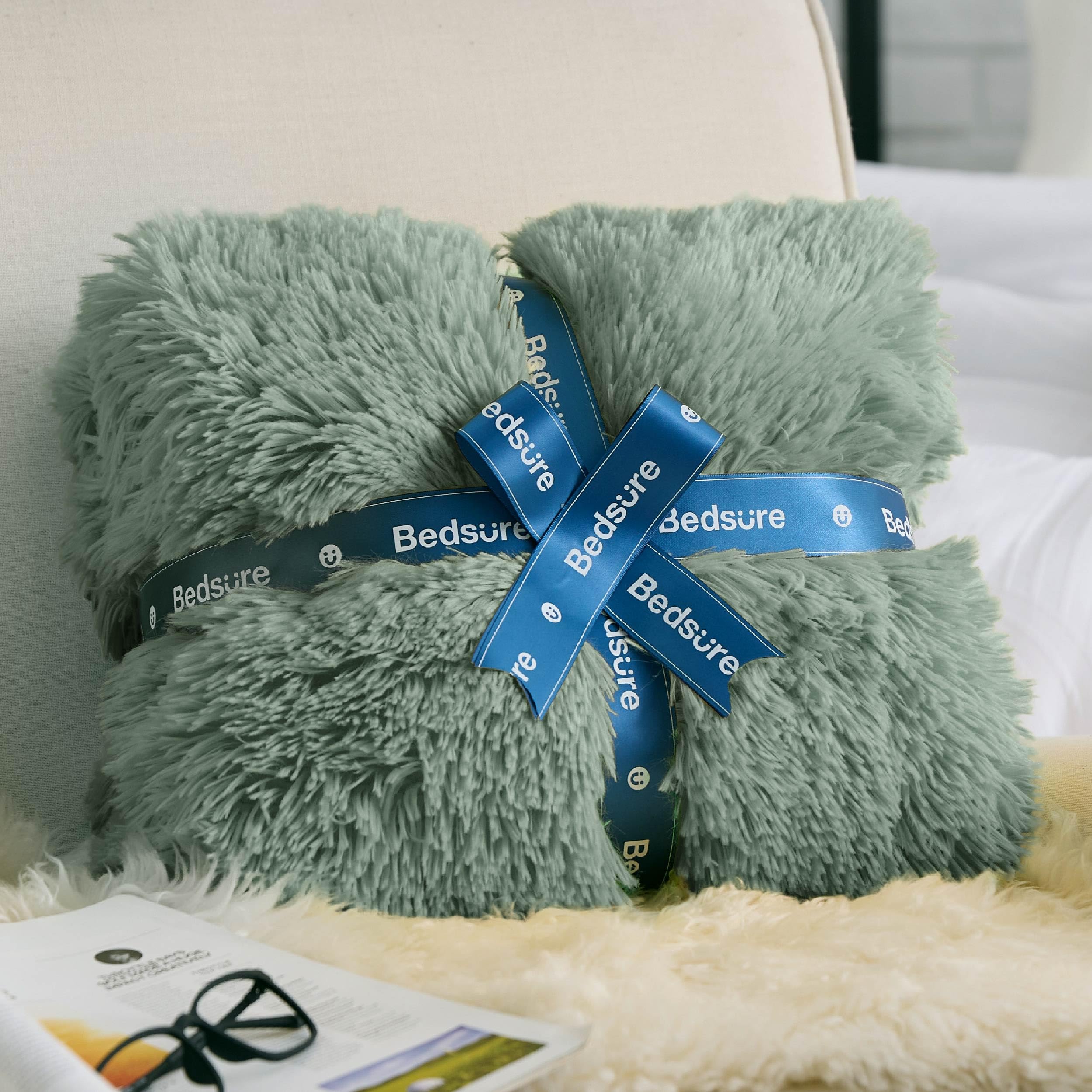 Foto 7 | Manta Bedsure Fuzzy Sherpa De Piel Sintética Para Cama Doble, Color Verde Salvia - Venta Internacional.